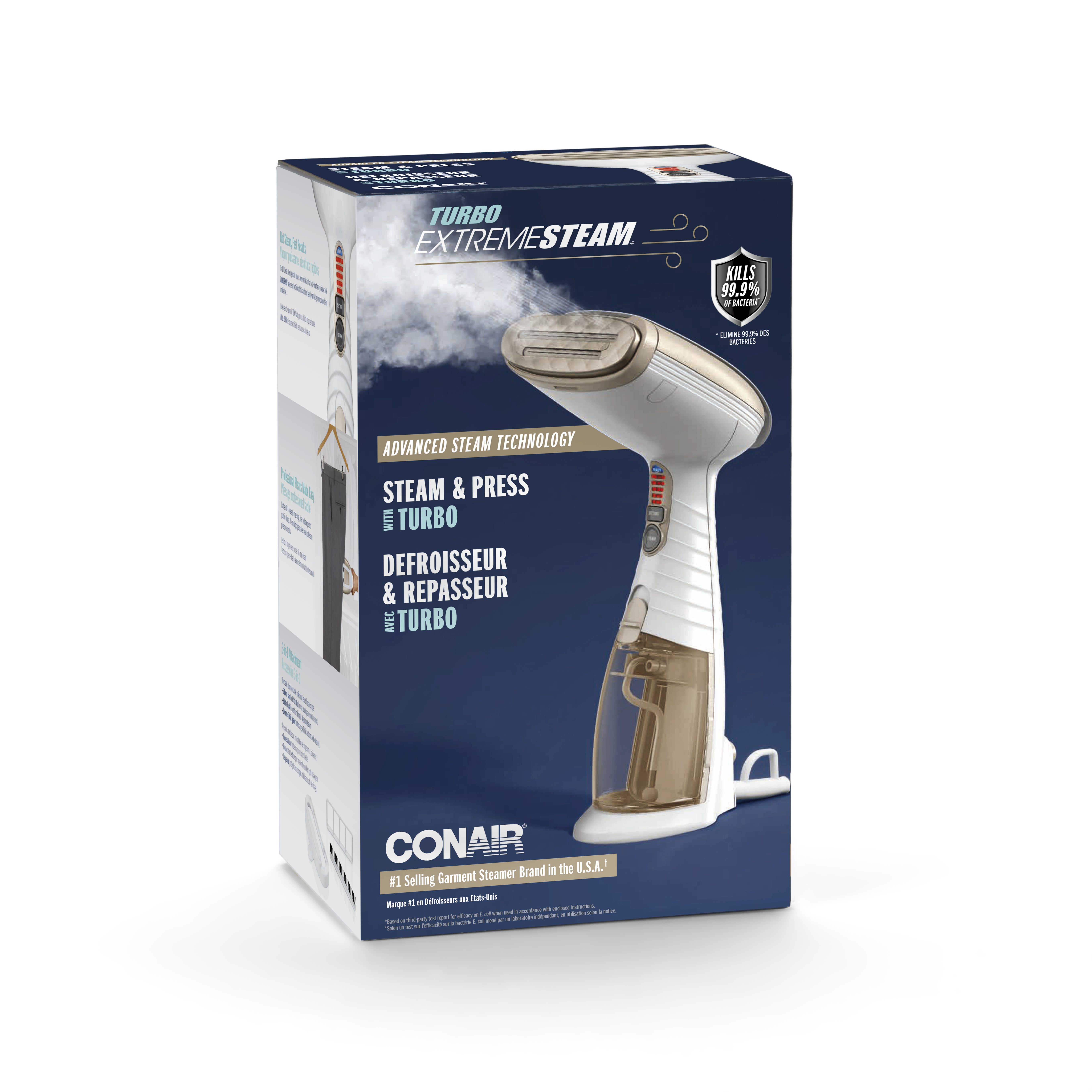 Conair Turbo ExtremeSteam handheld steamer box with steam and garment image.