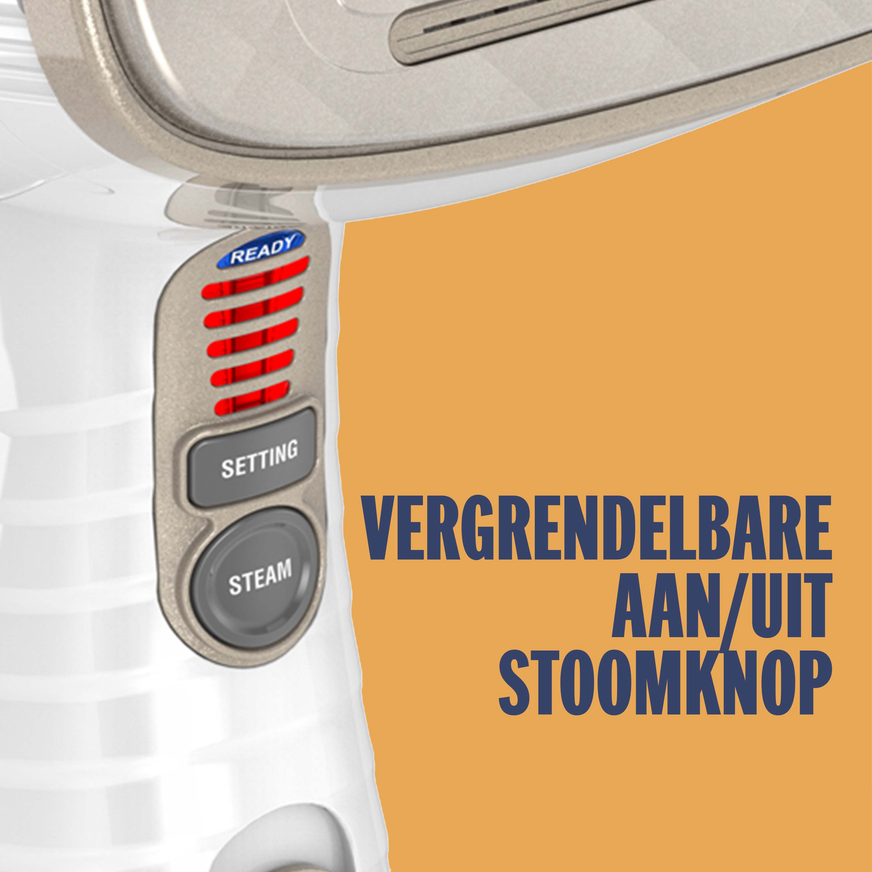 White garment steamer with red indicator lights and buttons. Text: Lockable On/Off Steam Button.