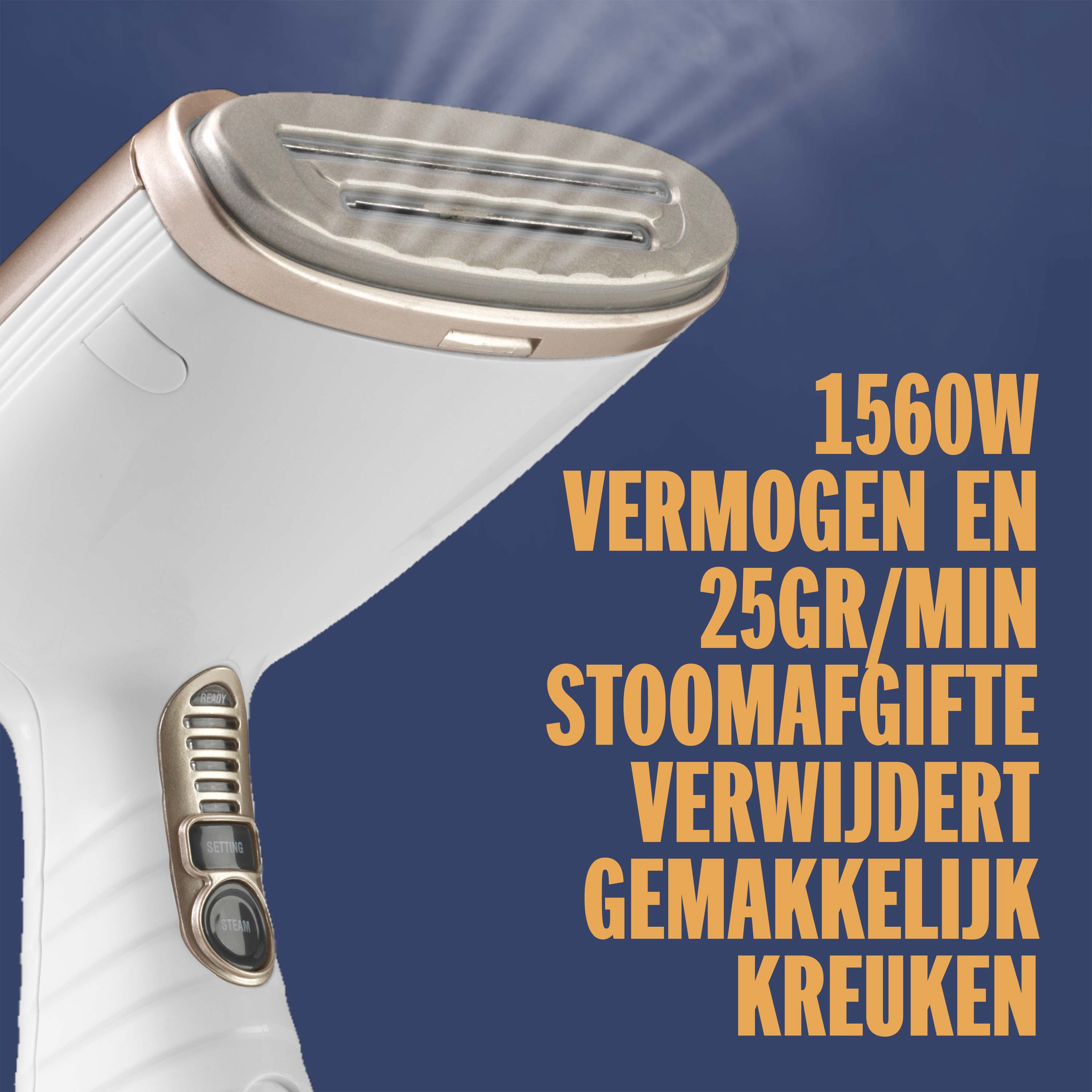 A white garment steamer with gold accents is emitting steam.