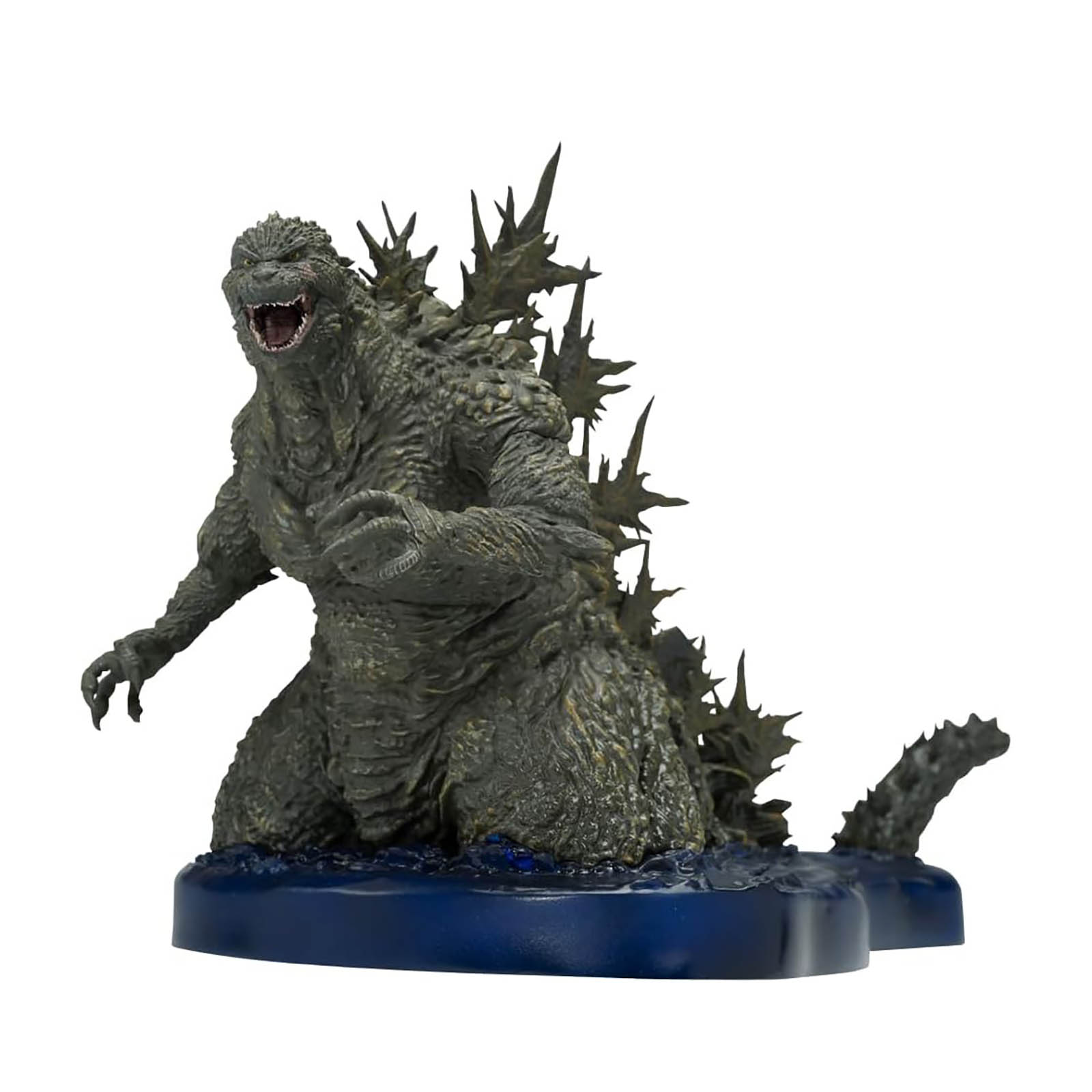 Una dettagliata figura di Godzilla, verde scuro con texture squamosa, che ruggisce a bocca aperta, su una base blu che imita l'acqua.