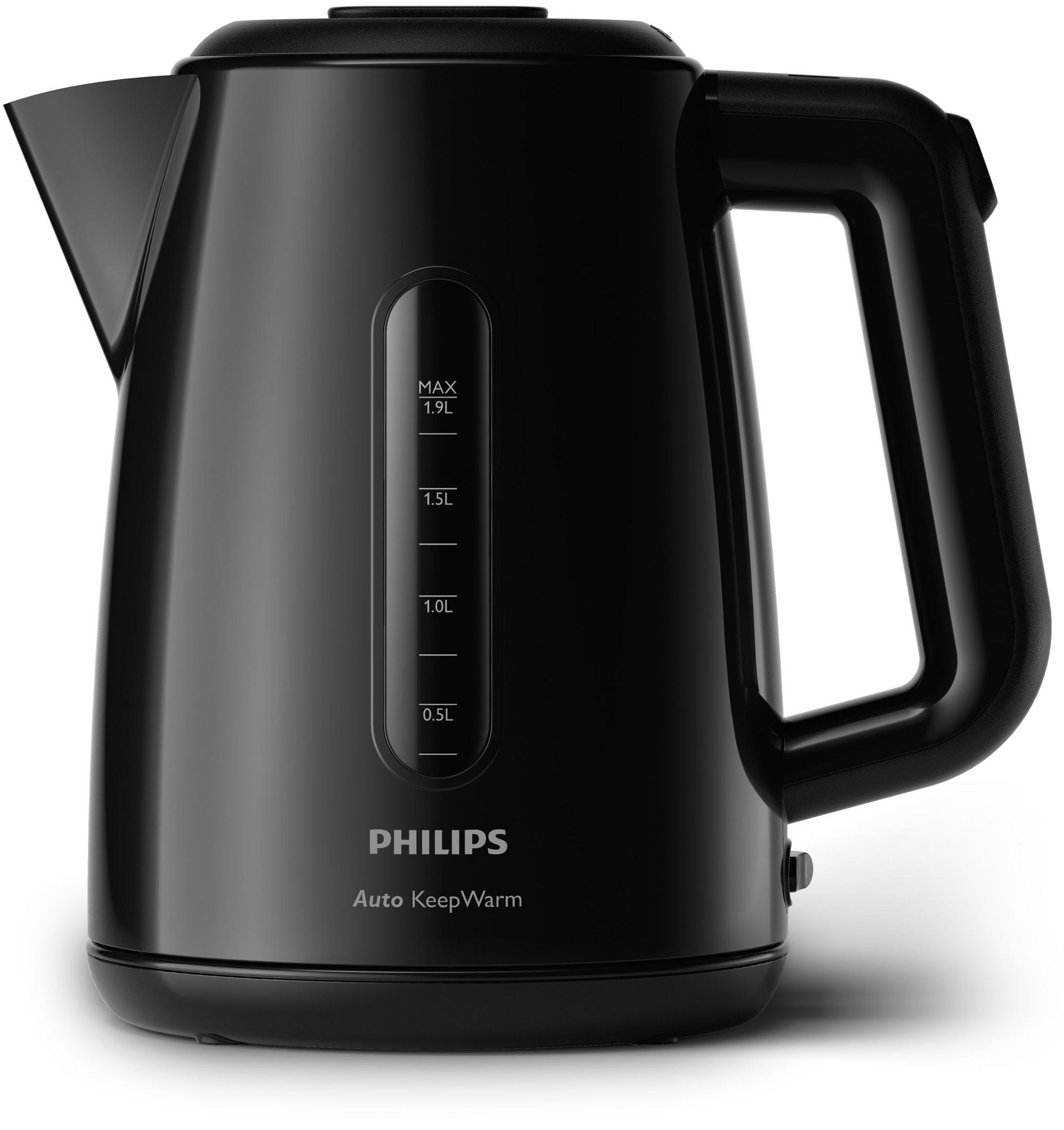 Su seviyesi göstergeli ve Philips logolu siyah elektrikli su ısıtıcısı.