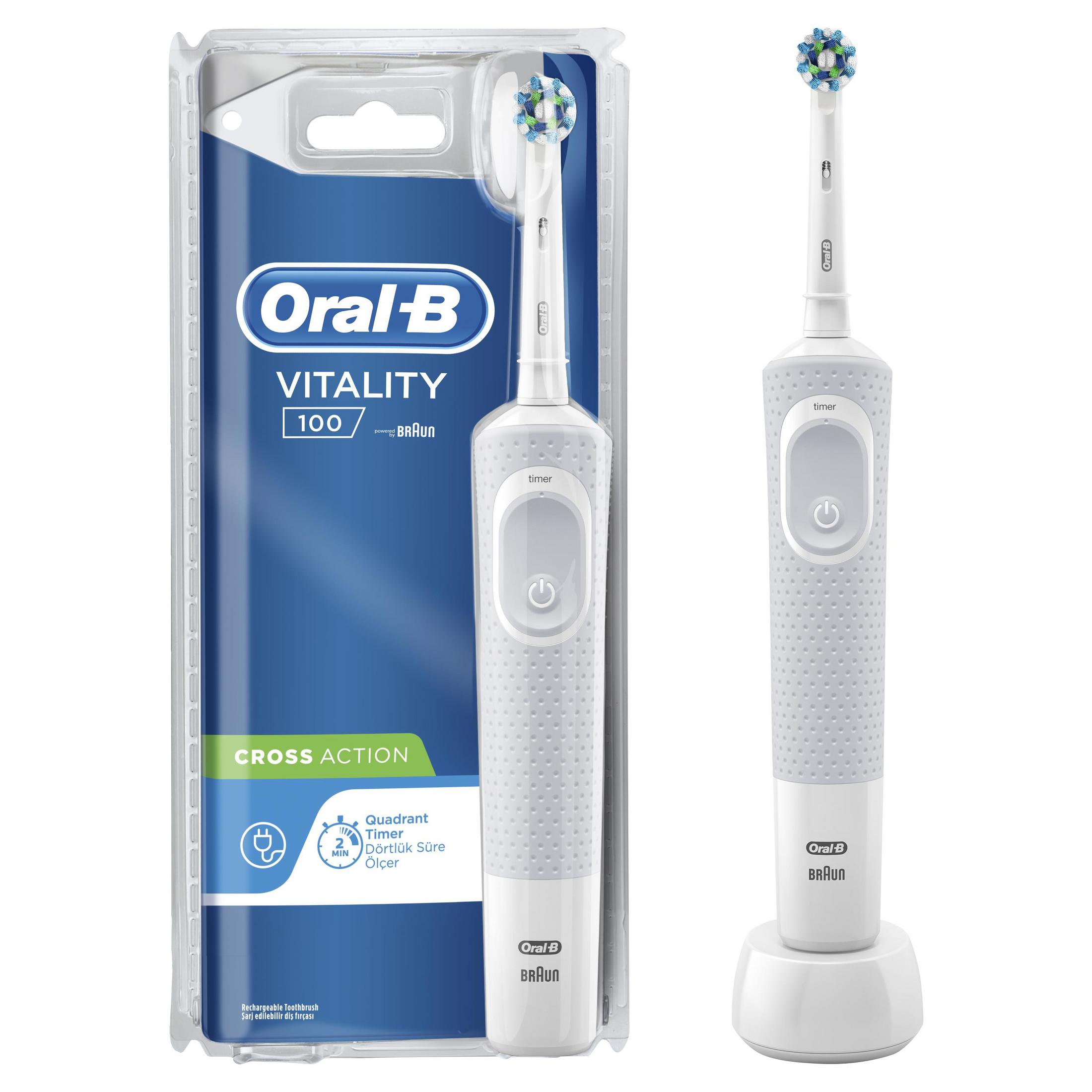 Oral-B Vitality 100 elektrikli diş fırçası ambalajında ve şarj standında.