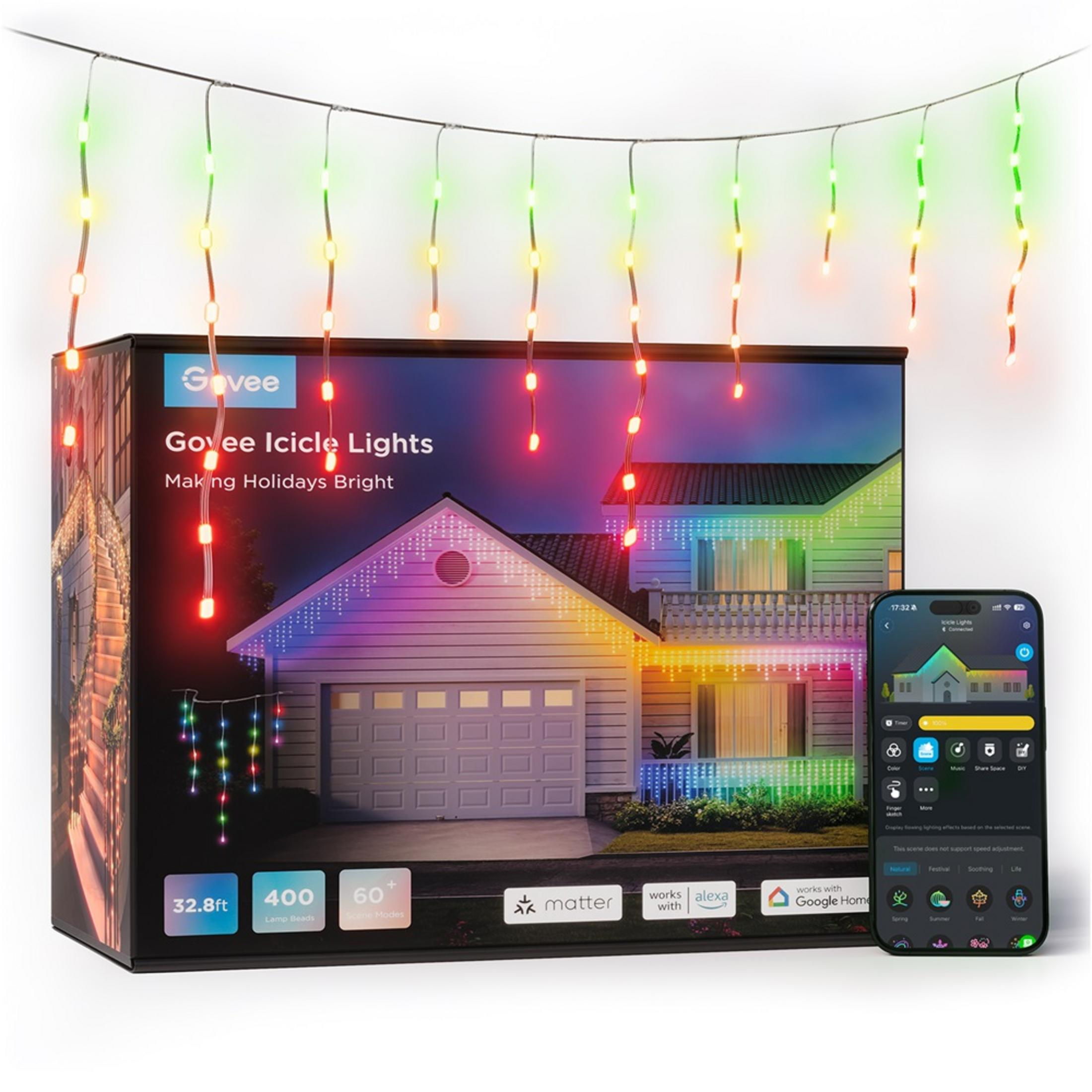 Govee Icicle Lights doos met huis- en telefoonweergave, kleurrijke verlichting.