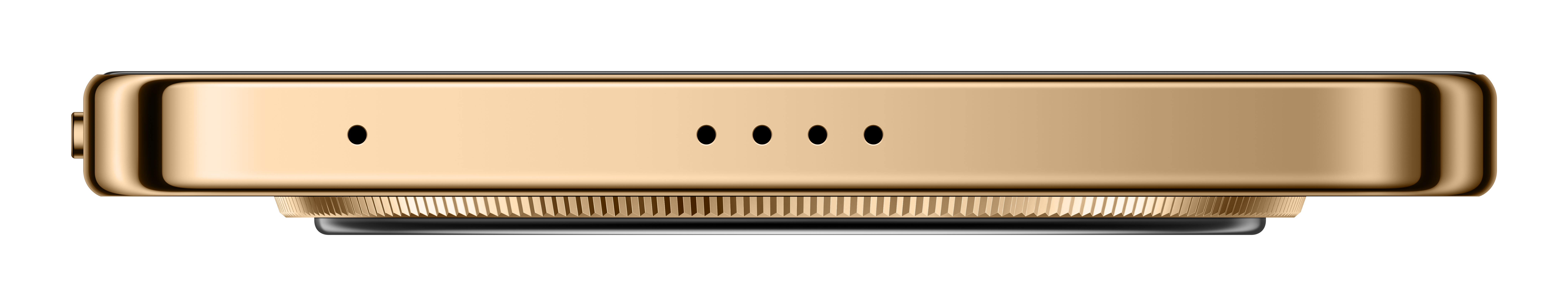 Złoty zegarek z radełkowaną krawędzią i portem ładowania.