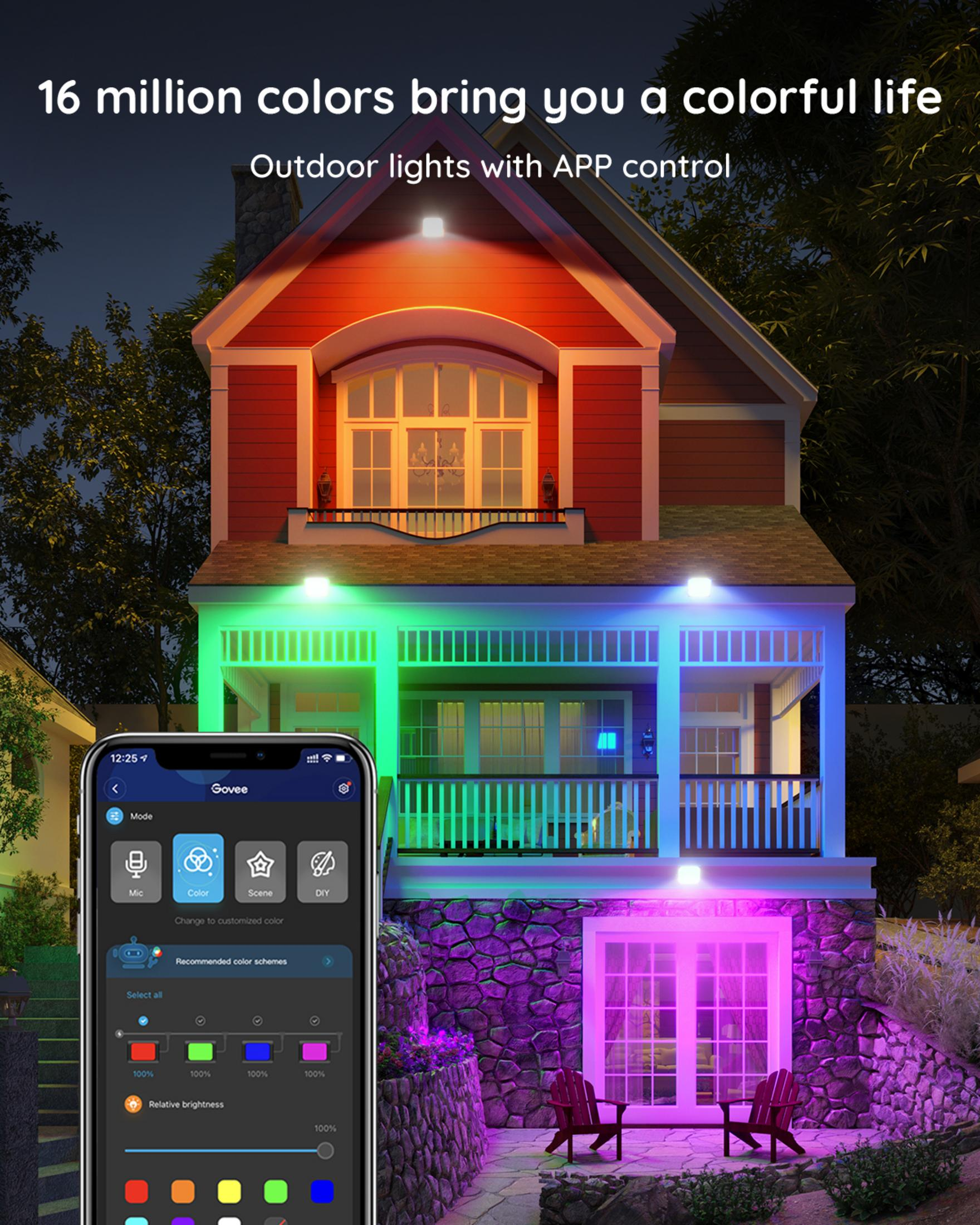 Dom oświetlony kolorowymi światłami sterowanymi przez aplikację nocą.