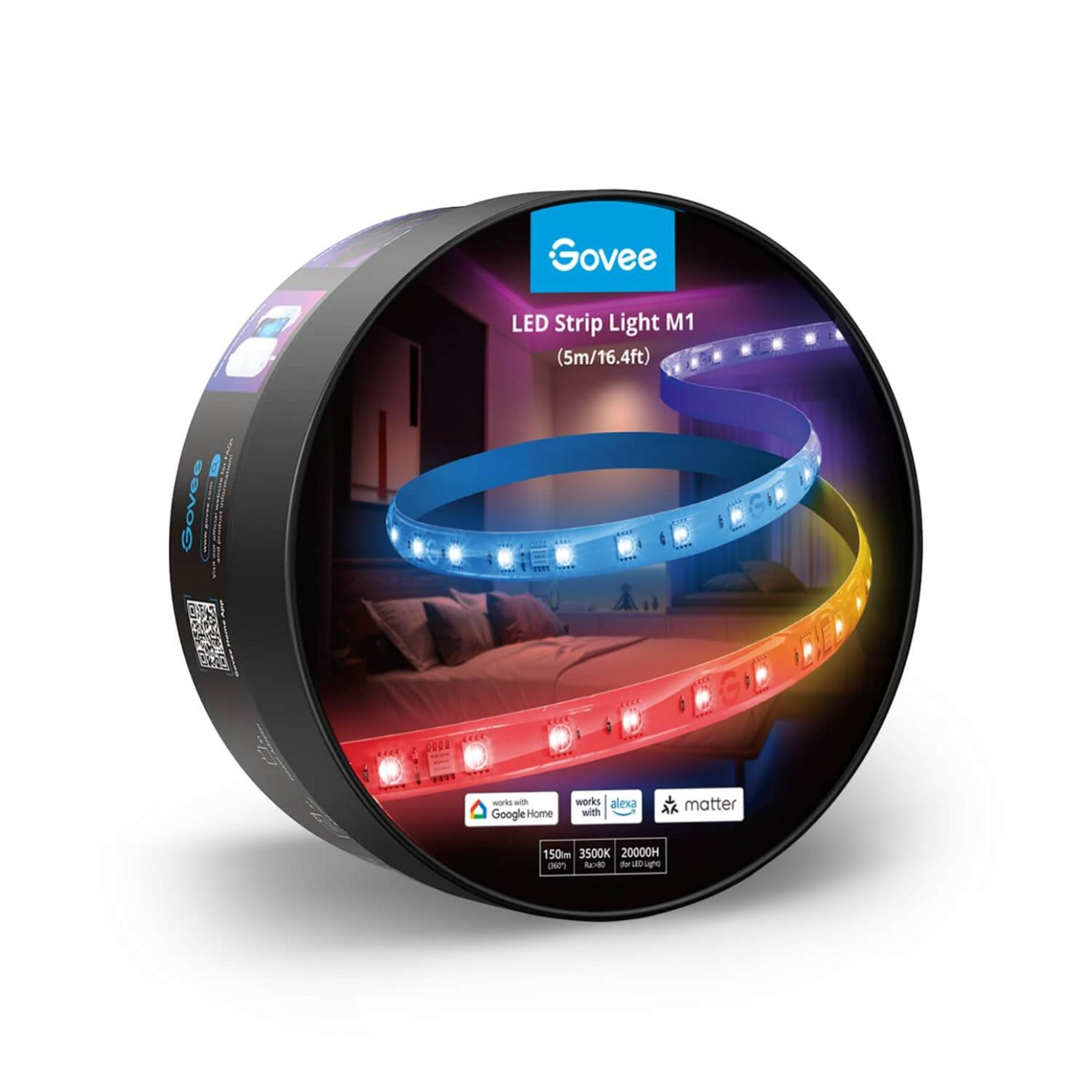 Opakowanie Govee LED Strip Light M1 pokazujące sypialnię z kolorowymi światłami.