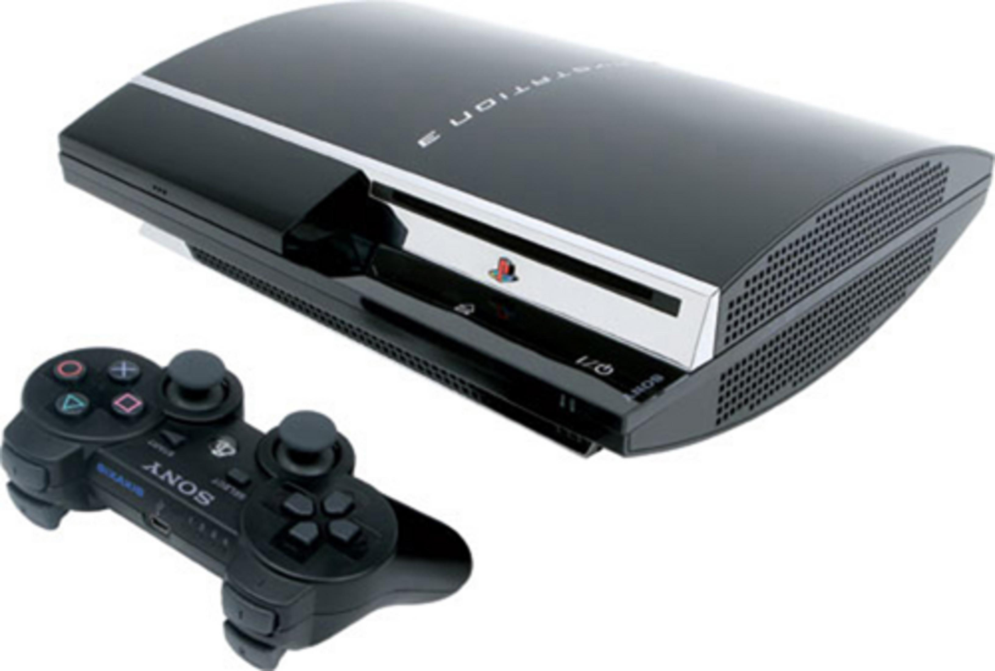 Schwarze Spielkonsole mit Controller, weißer Hintergrund.