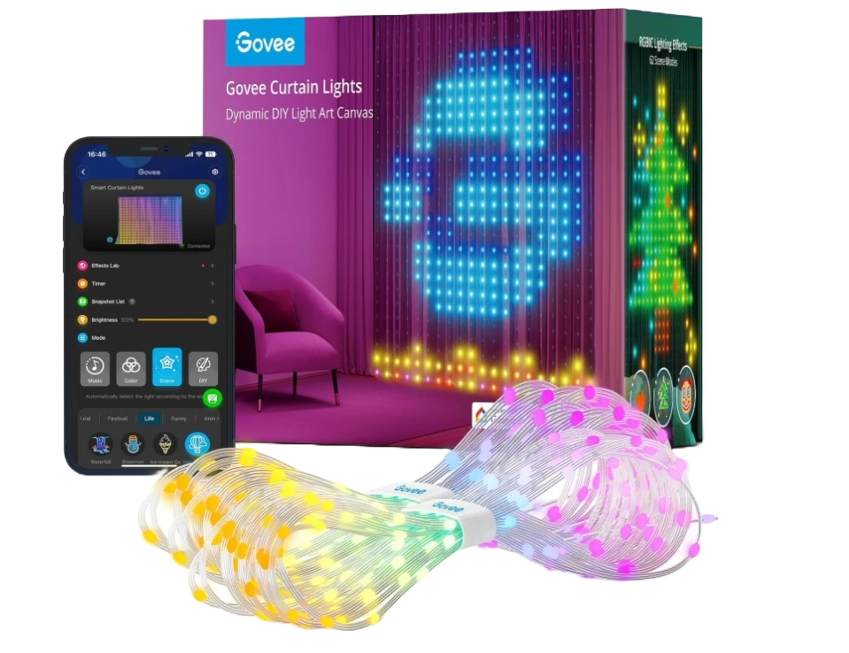 Lumières de rideau Govee avec contrôle d'application, boîte et guirlande.