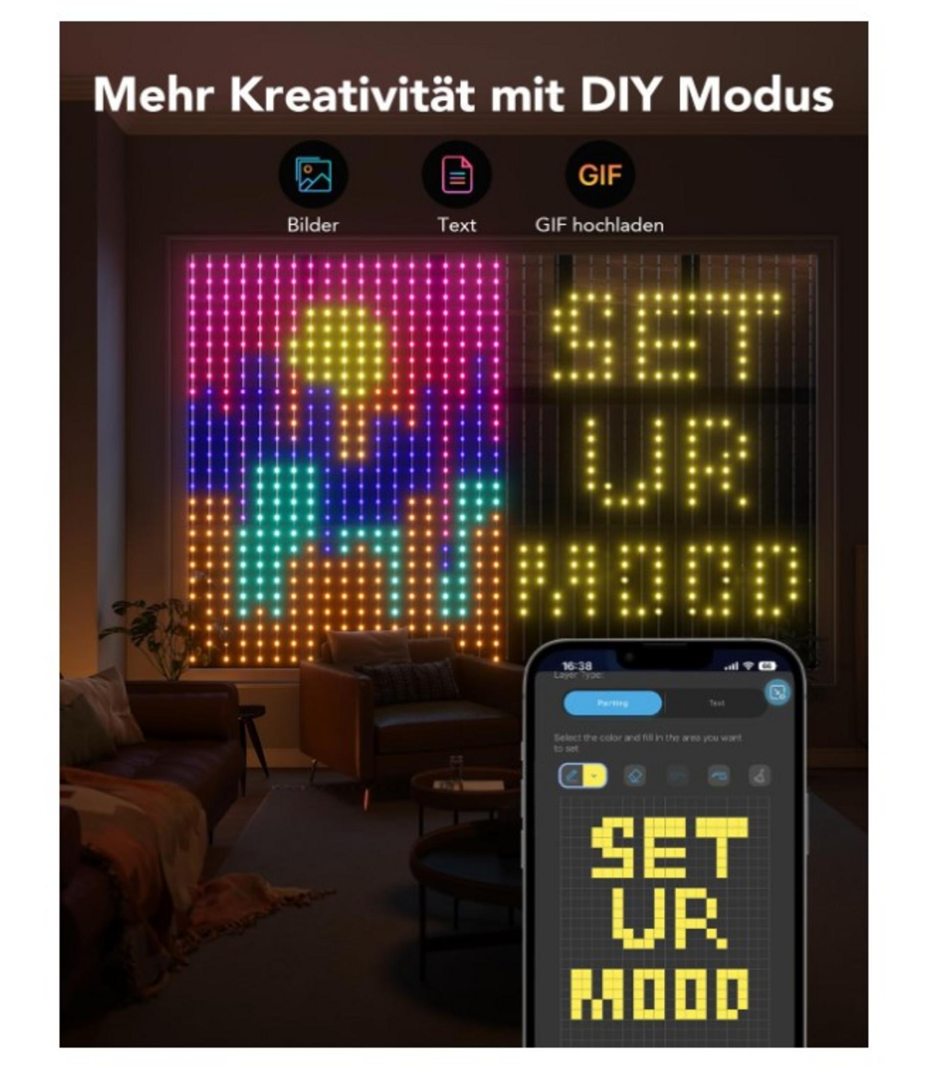 Rideau LED avec lumières colorées affiche 'SET UR MOOD'.