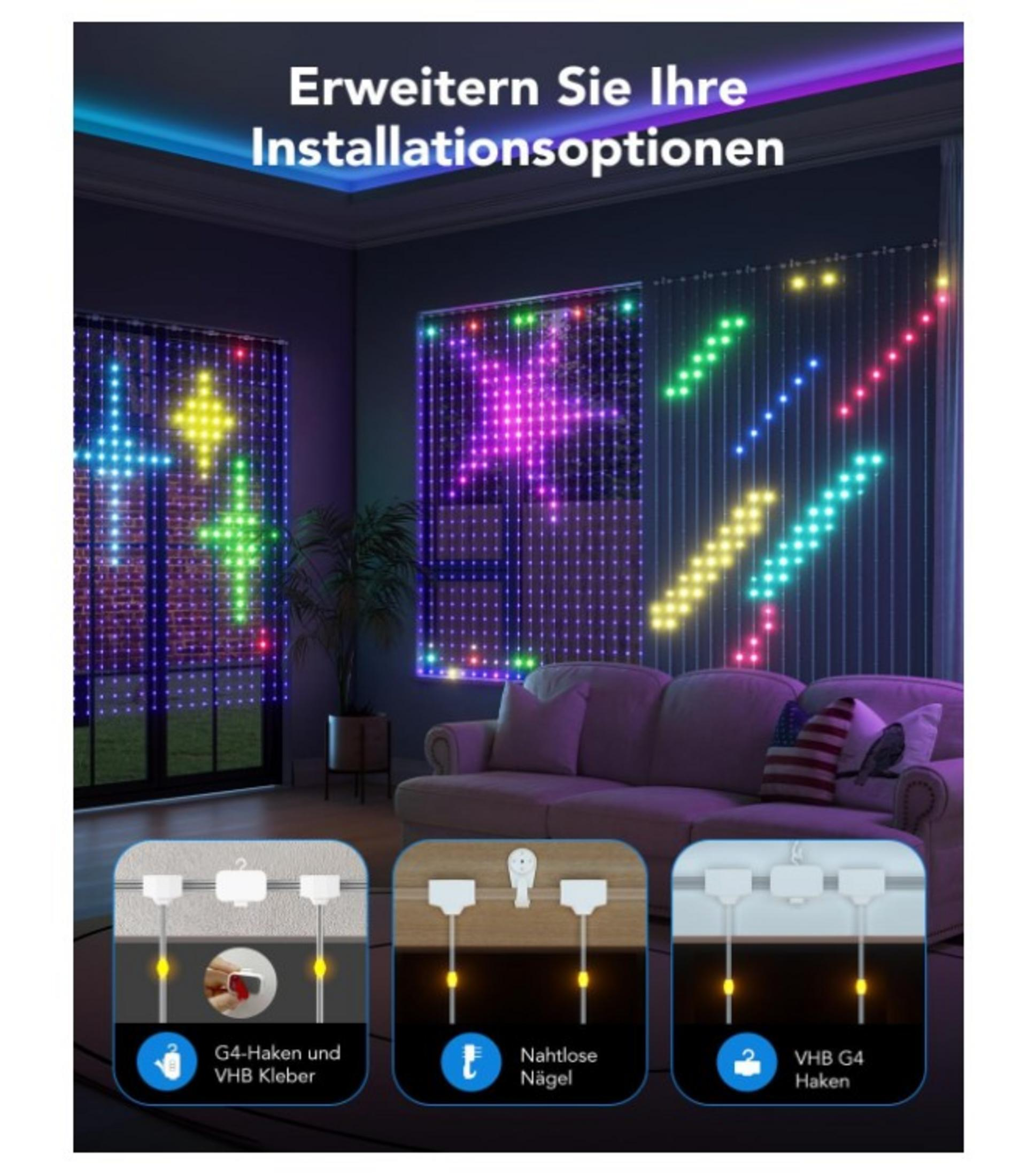 Un salon avec des lumières LED colorées sur les fenêtres et les canapés.