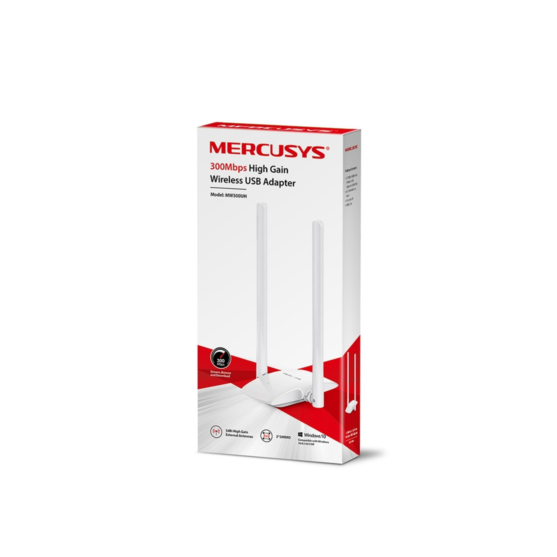 İki antenli Mercusys 300Mbps Yüksek Kazançlı Kablosuz USB Adaptör kutusu.