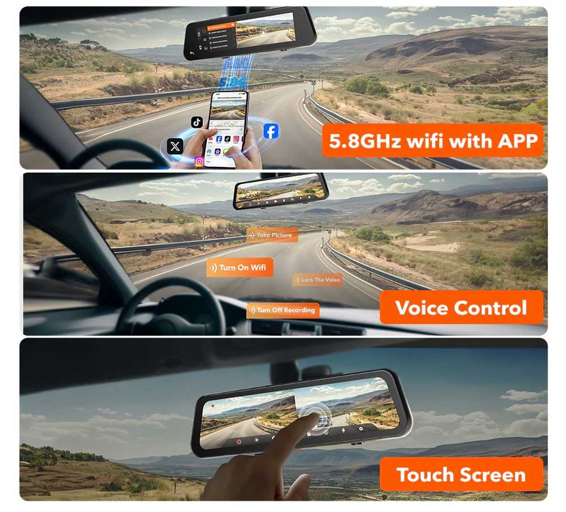 Achteruitrijcamera met App-connectiviteit, Spraakbesturing en Touchscreen.