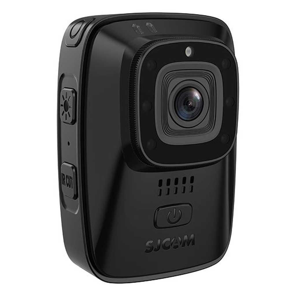 Action camera nera con obiettivo, pulsanti e logo SJCAM.
