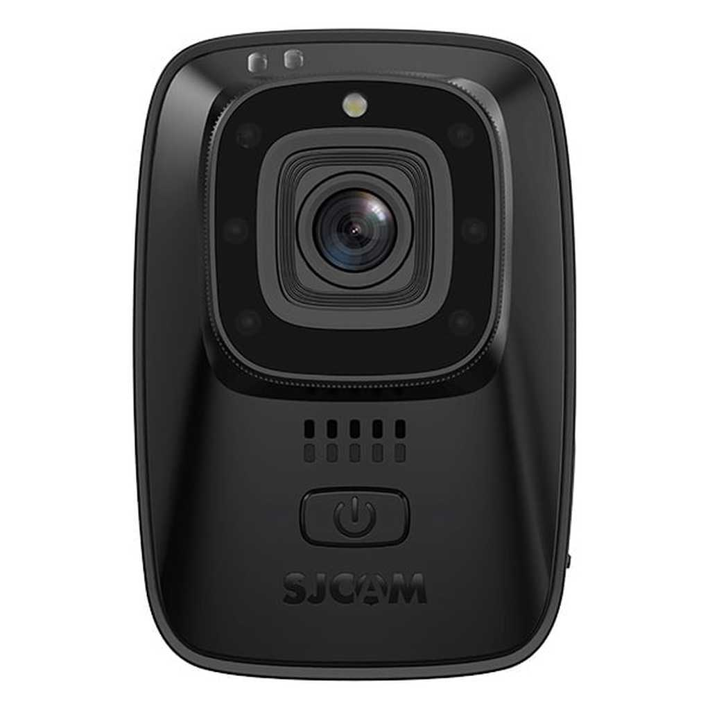 Una action camera nera con obiettivo e pulsante di accensione.