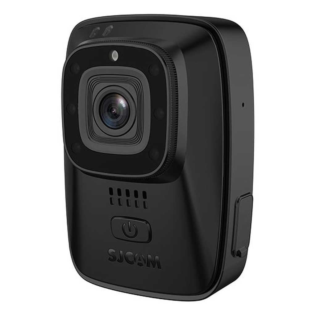 Una piccola action camera nera con obiettivo e pulsanti.