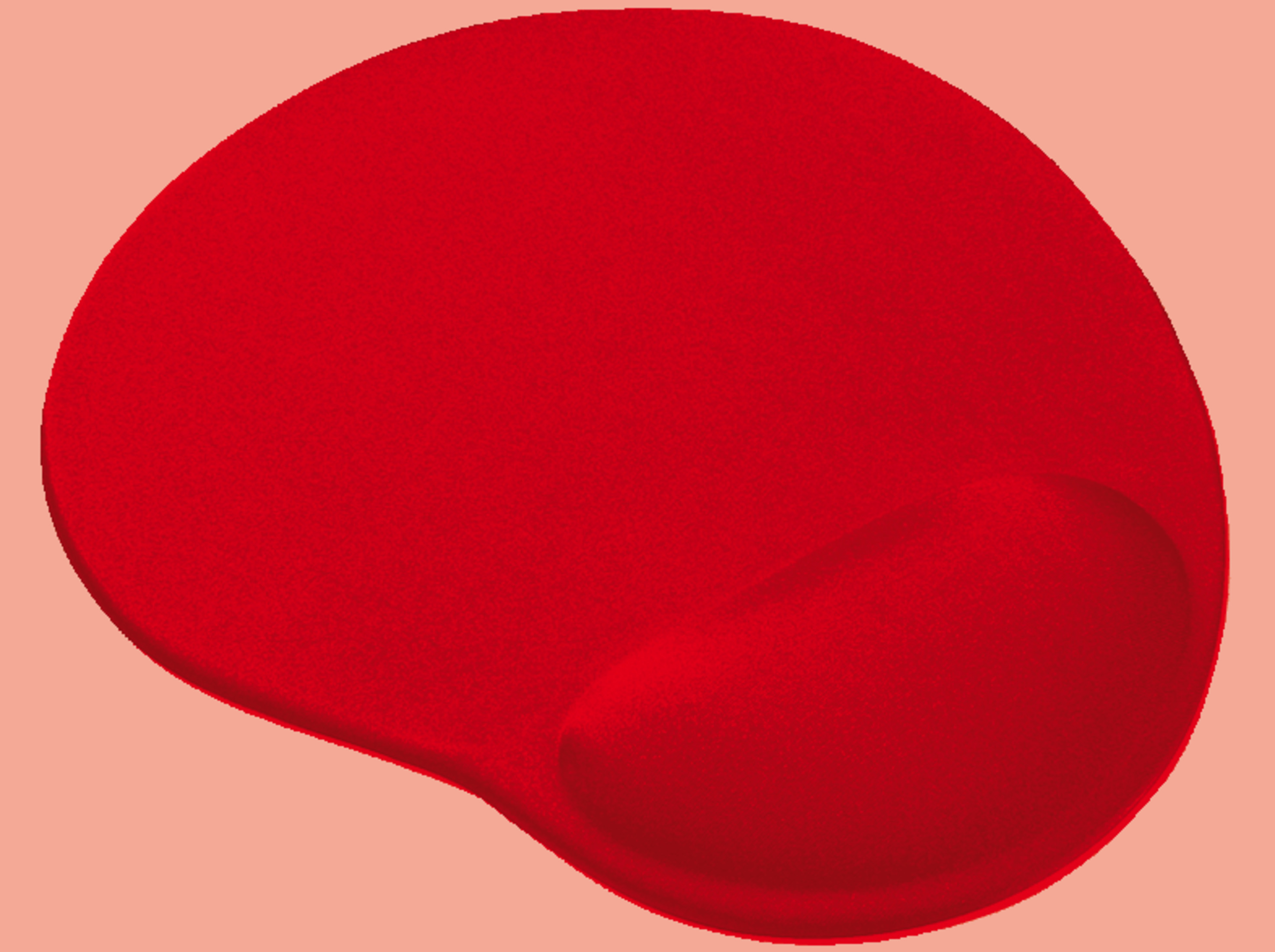 Repose-poignet rouge pour souris sur fond beige clair.