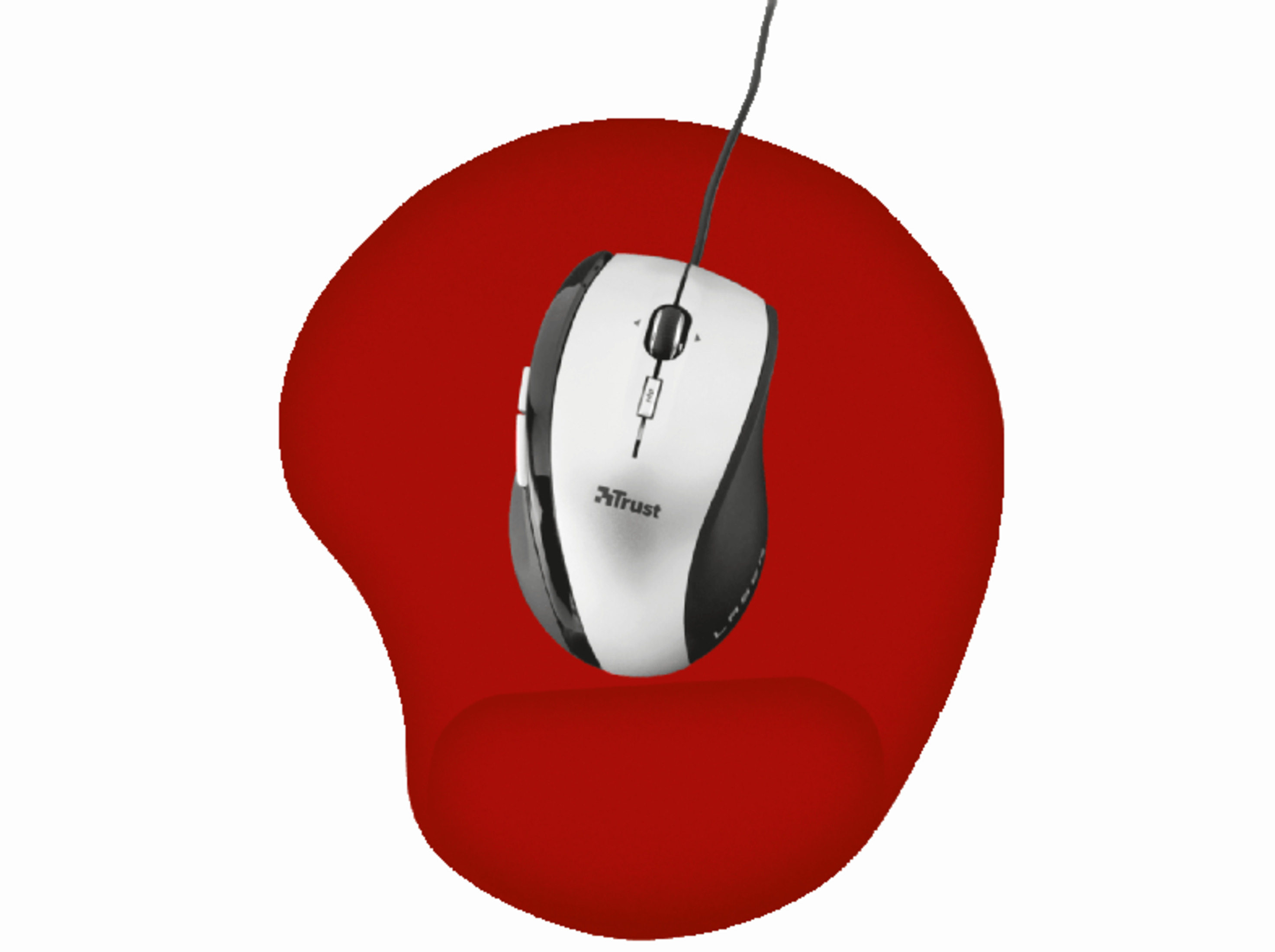Une souris d'ordinateur blanche et noire avec un câble sur un tapis rouge.