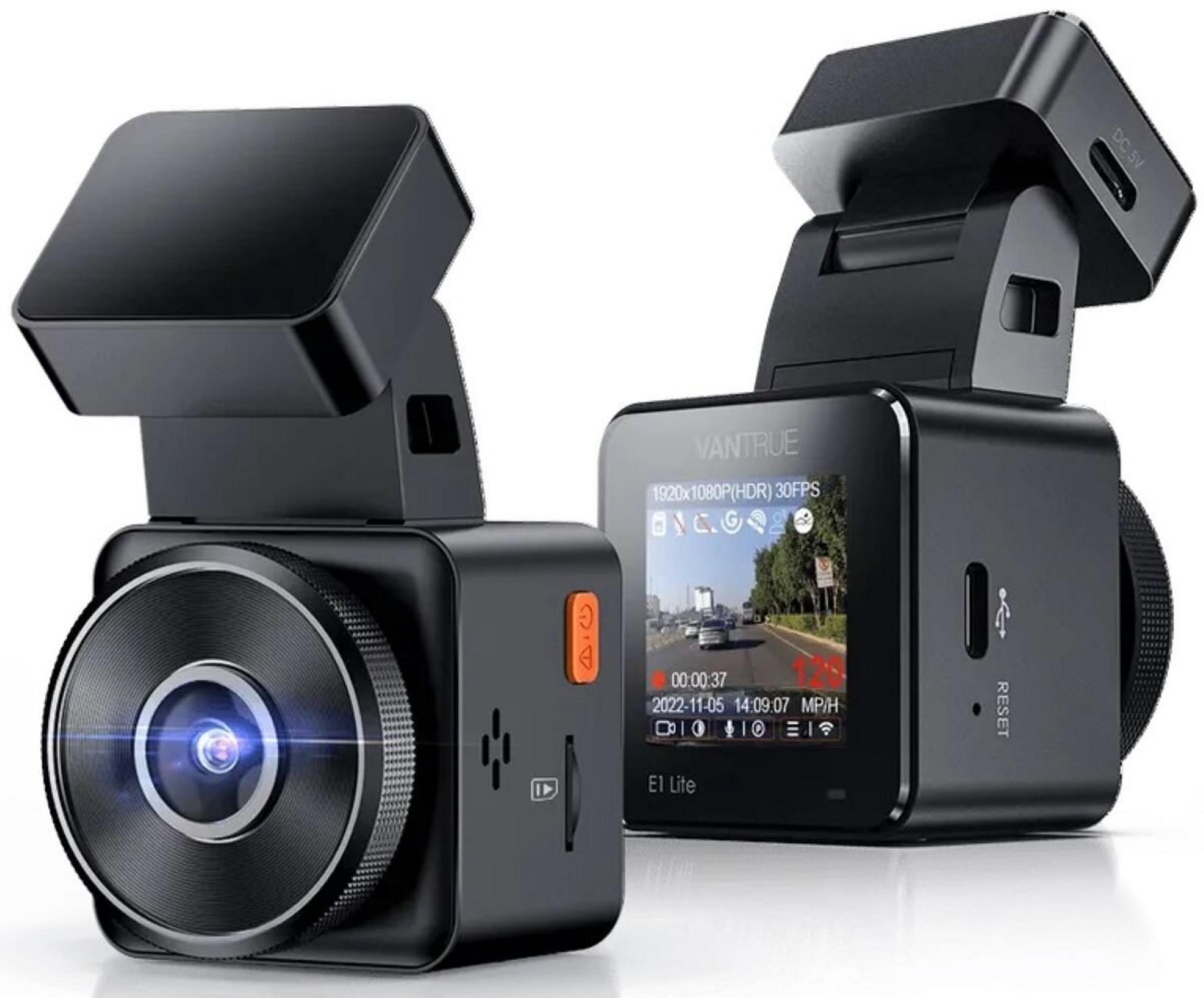 Zwei schwarze Dashcams auf weißem Hintergrund. Eine zeigt die Linse, die andere den Bildschirm.
