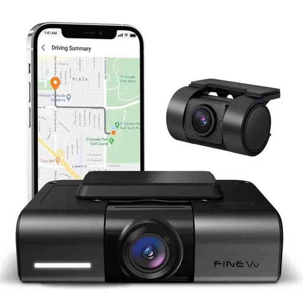 Twee zwarte dashcams en een smartphone met navigatie-app.