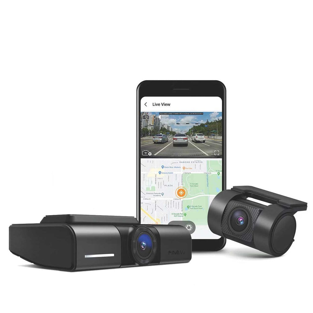 Twee dashcams en een smartphone met live weergave en kaart.