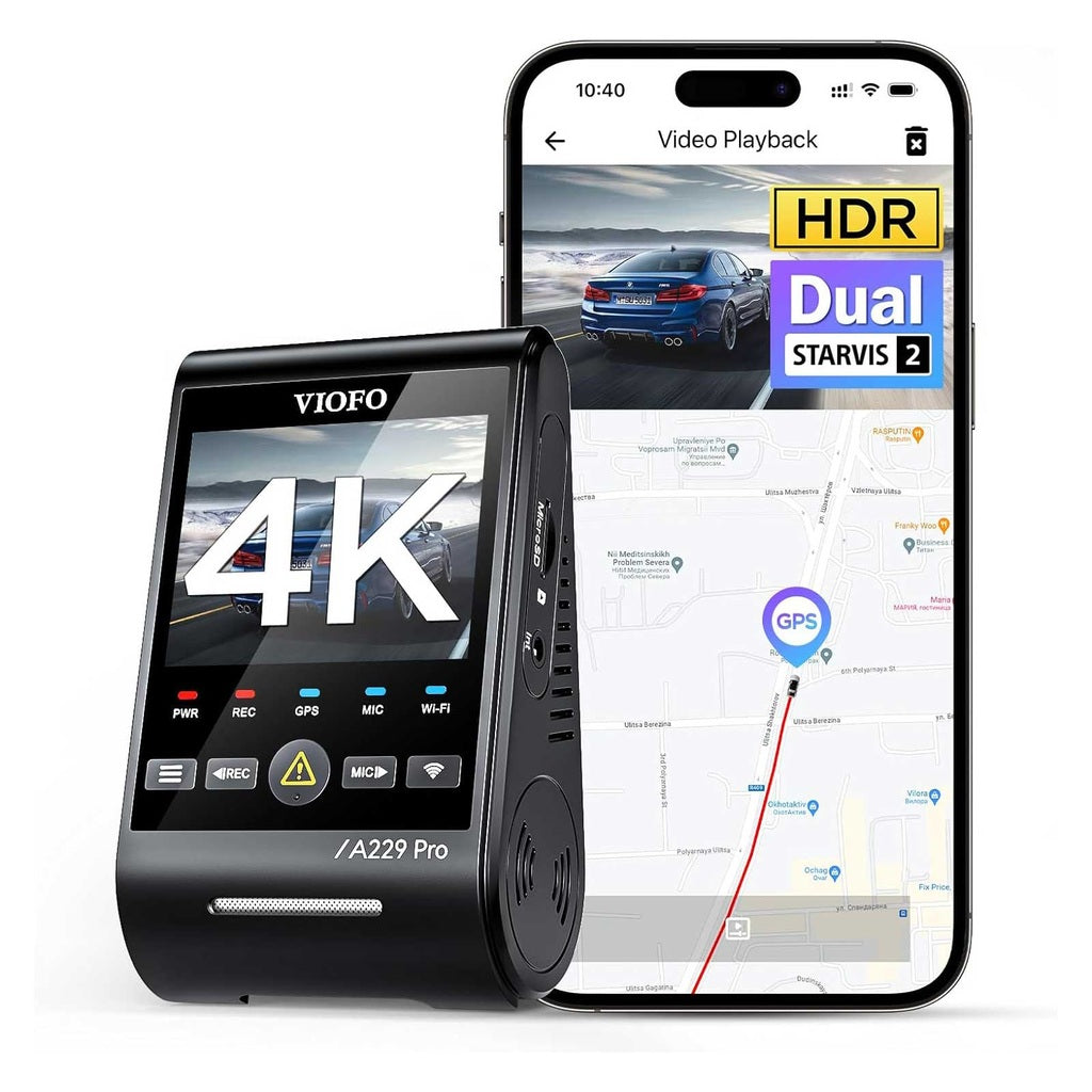 Kamera samochodowa VIOFO wyświetla nagranie 4K. Obok telefon z odtwarzaniem wideo i mapą.