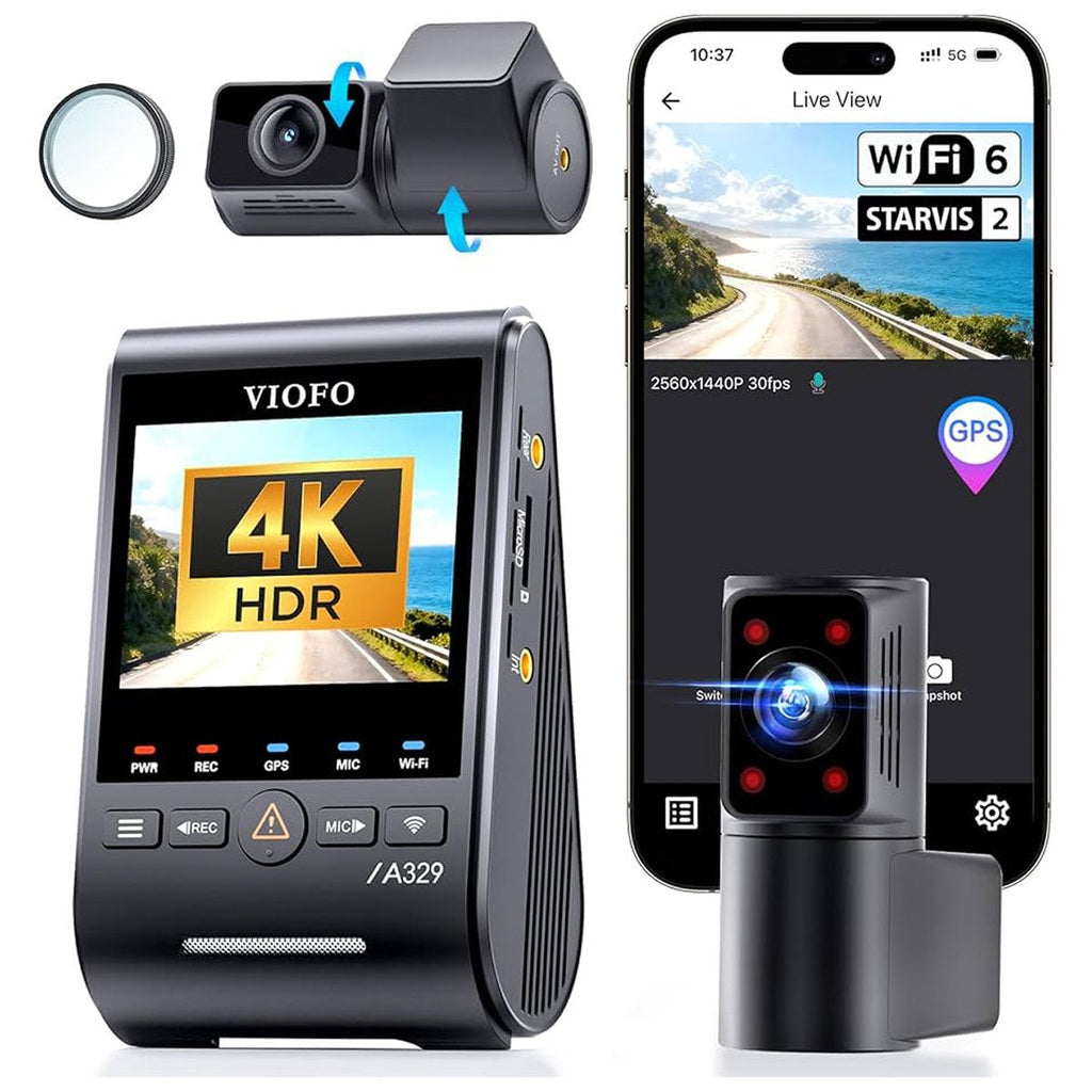 Kamera samochodowa VIOFO z wyświetlaczem 4K HDR, kamerą tylną i podglądem na żywo iPhone.