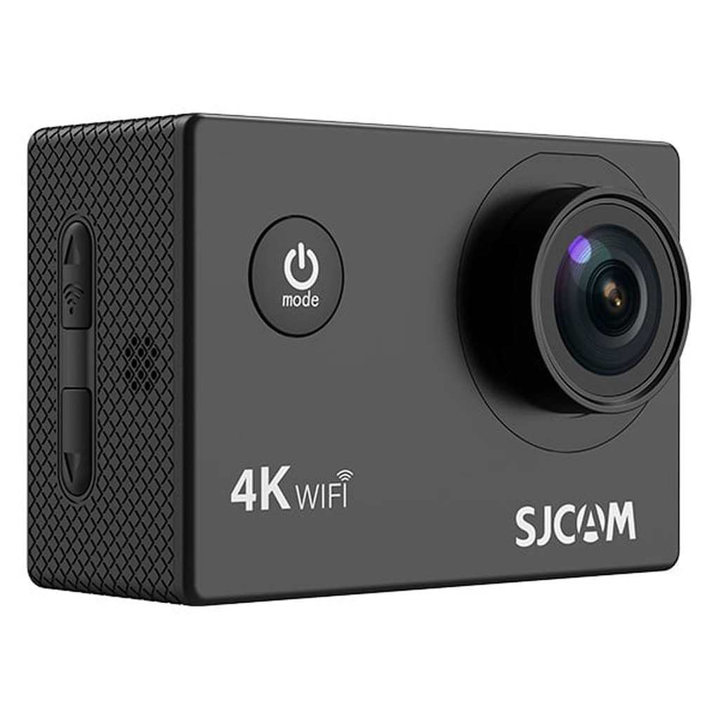 4K WiFi, güç düğmesi ve lensli siyah SJCAM aksiyon kamerası.