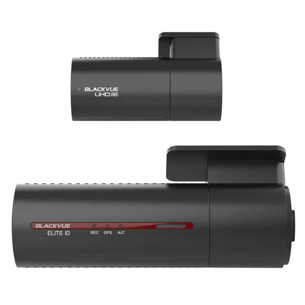 Two black dashcams on a white background. One is small, the other is longer with labels.