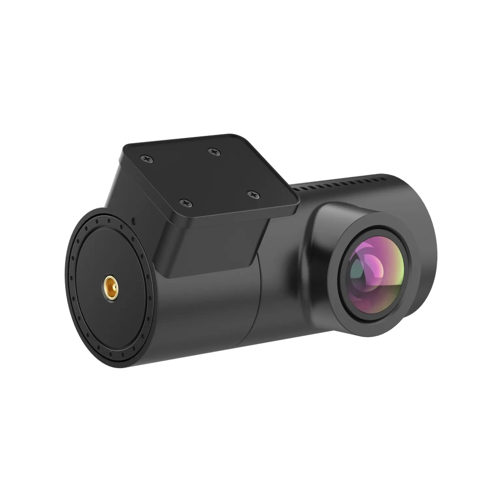 Black dashcam recorder with lens and mount on a black background.