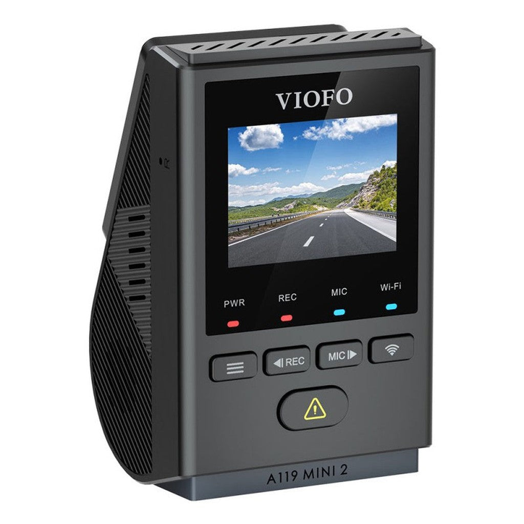 Dashcam Viofo A119 Mini 2 nera con vista strada sullo schermo.