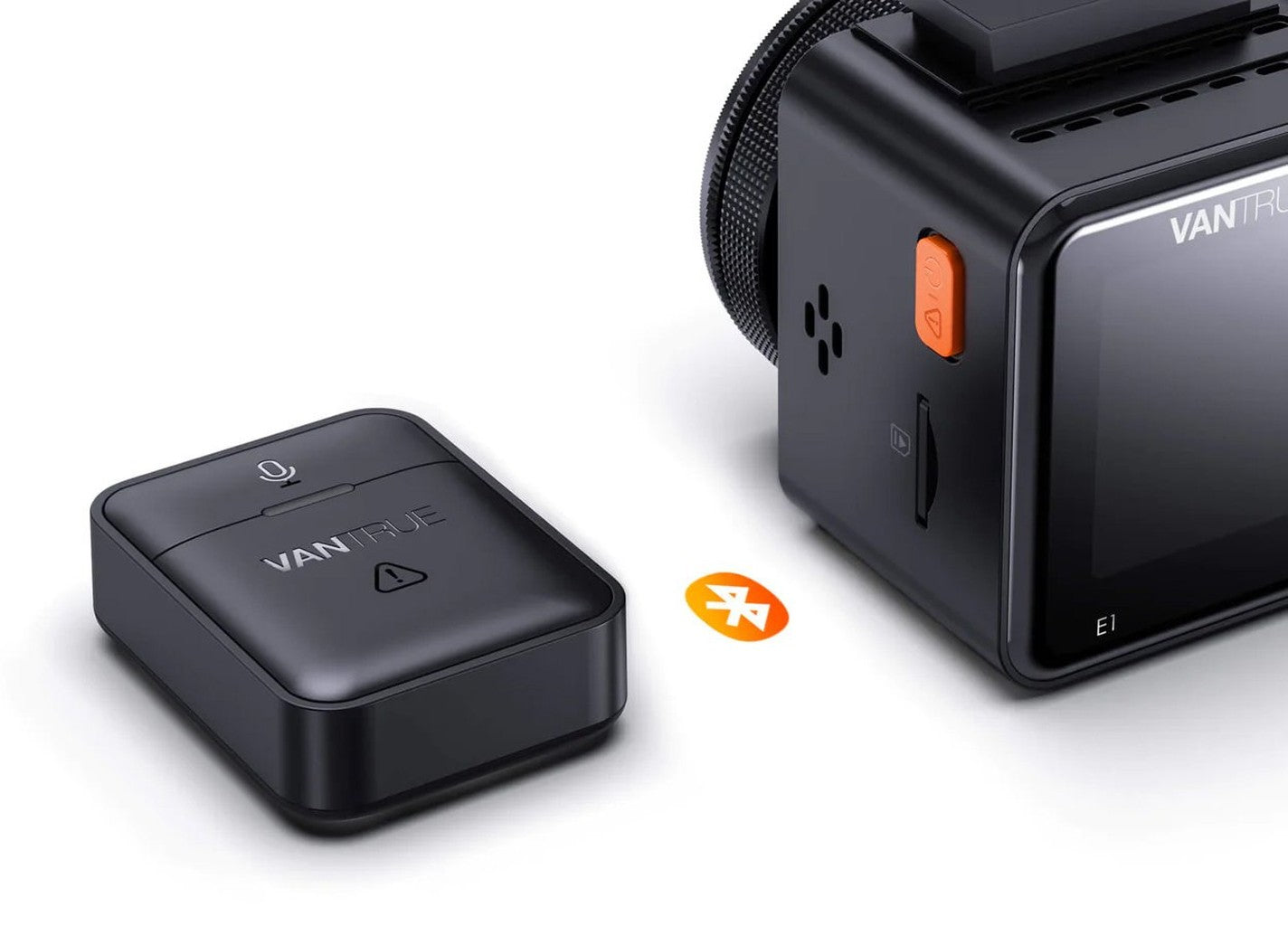 Een zwart dashcam-accessoire en een dashcam met Bluetooth-symbool.