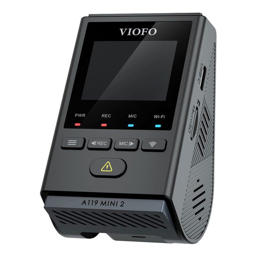 Black VIOFO A119 MINI 2 dashcam con schermo e pulsanti. Porte USB-C e MicroSD.