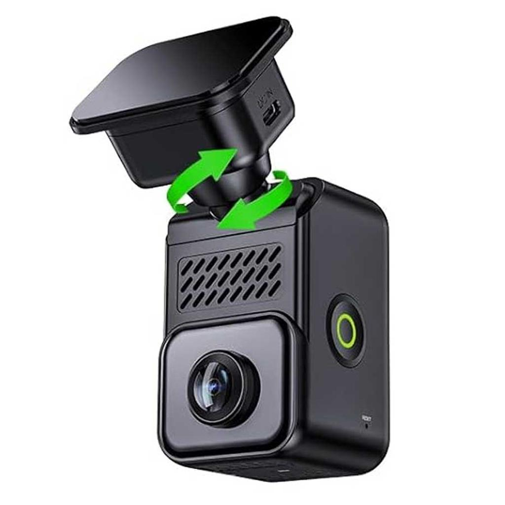 Zwarte auto DVR met lens en roterende pijlen die aanpassing aangeven.