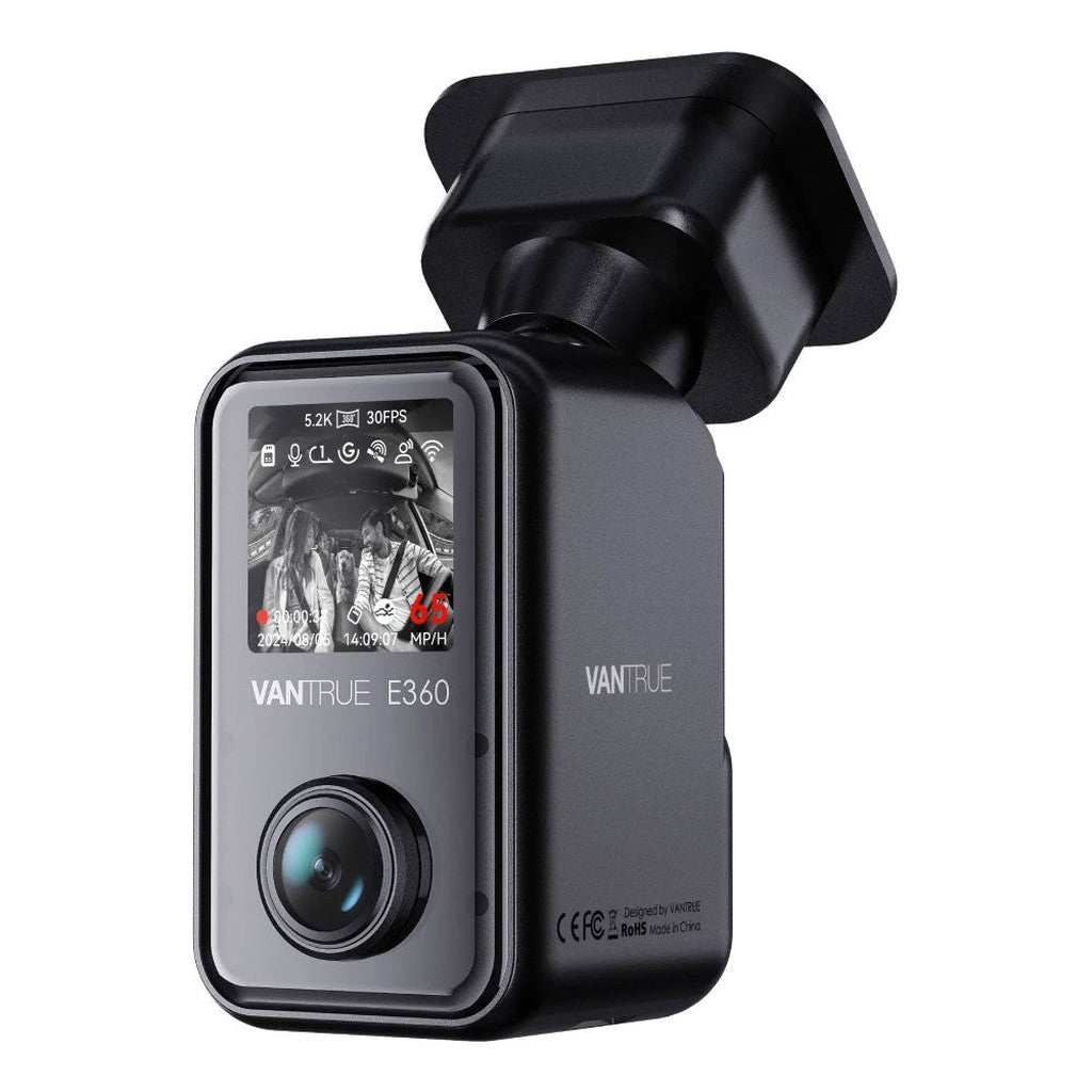 Zwarte Vantrue E360 dashcam met scherm waarop twee personen in een auto te zien zijn.