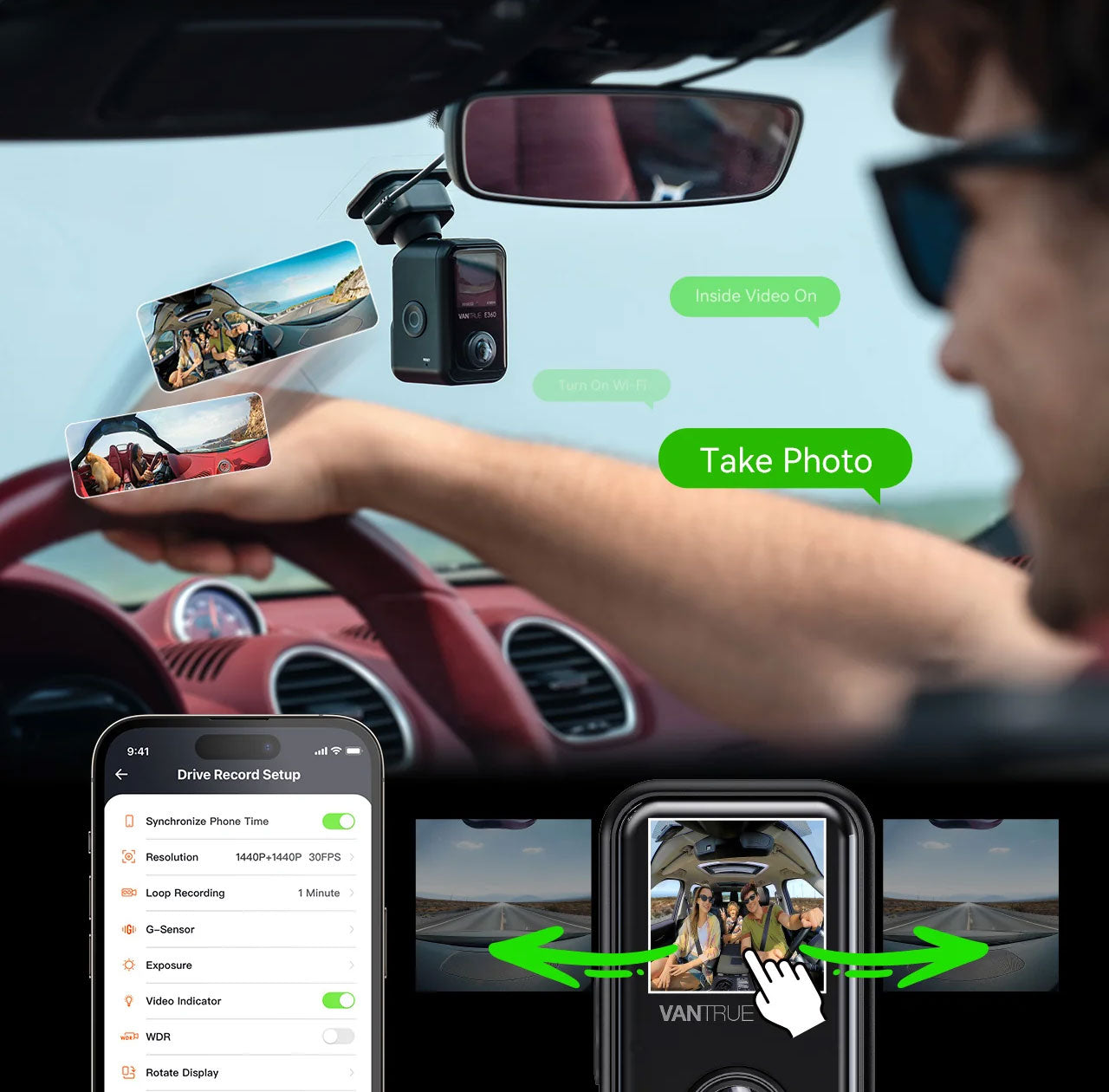 Binnenvideo, Wi-Fi, Foto maken. Dashcam toont gezin.