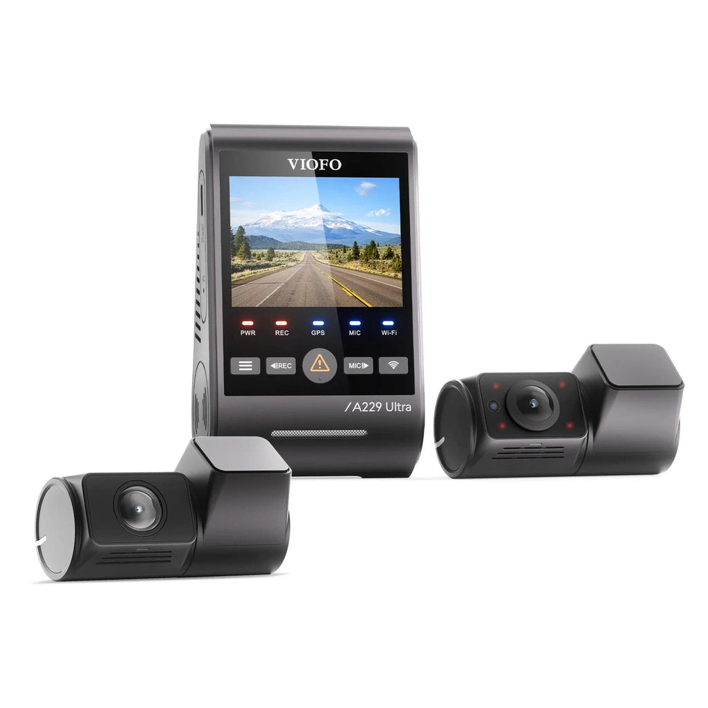 VIOFO A229 Ultra dashcam con telecamere anteriori e interne su sfondo bianco.