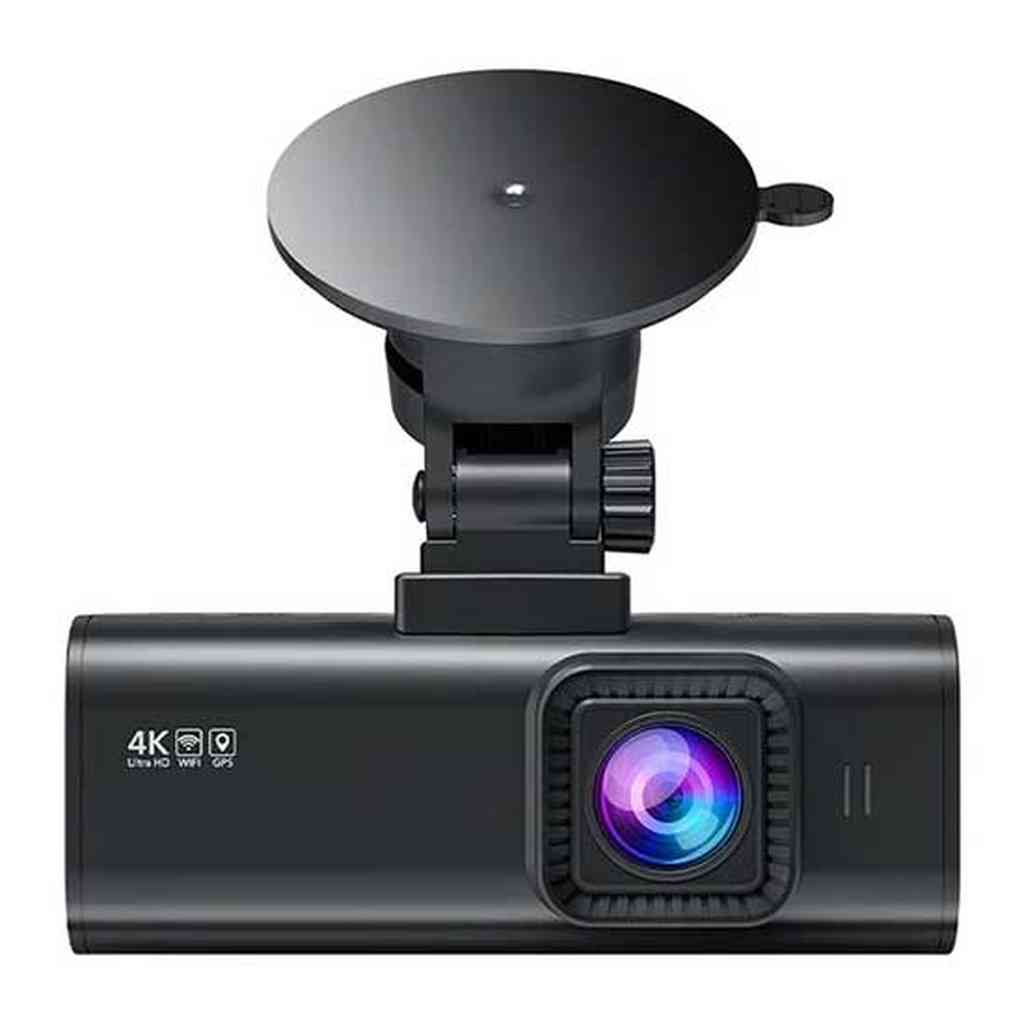 Een zwarte 4K dashcam met zuignapbevestiging en cameralens.
