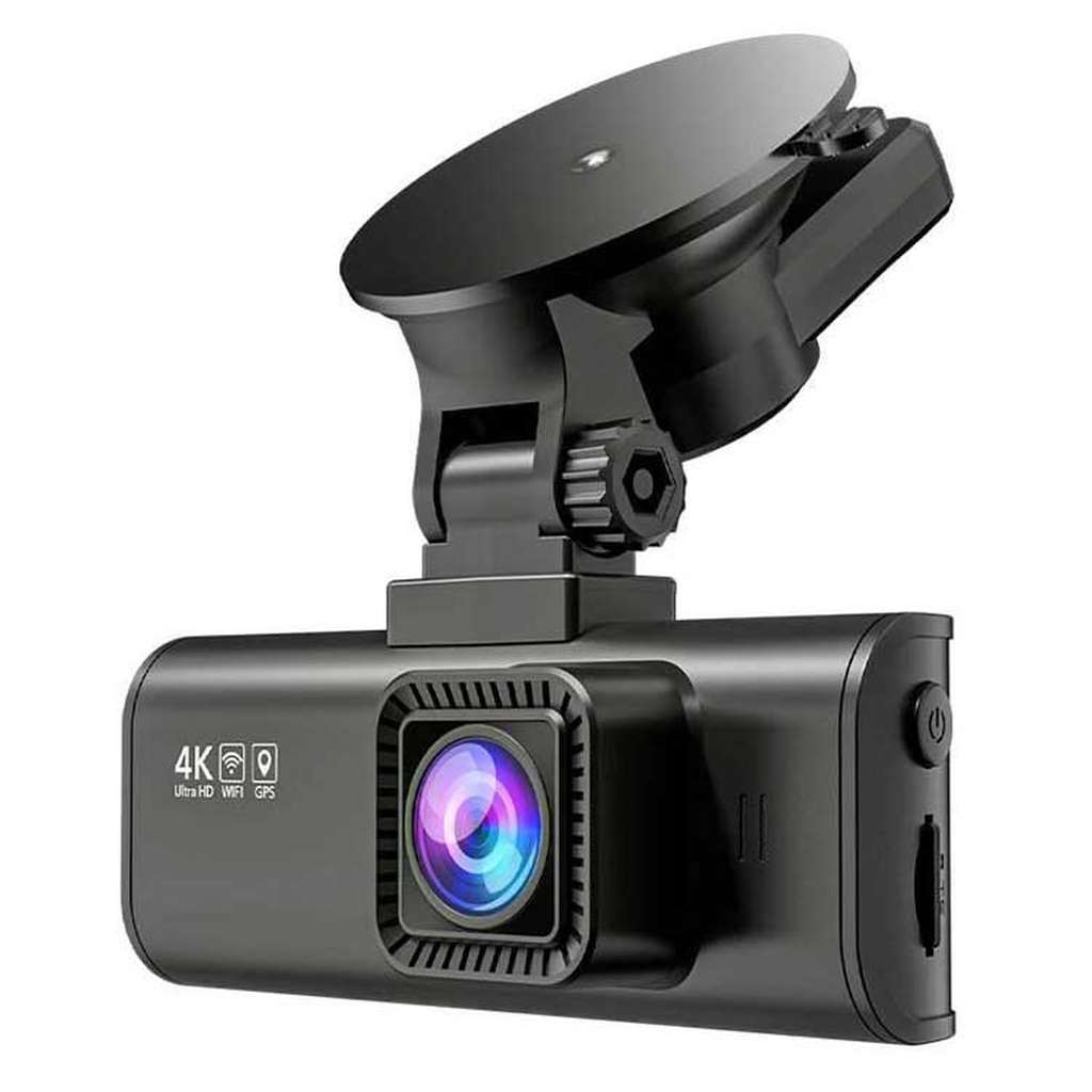 Een zwarte 4K dashcam met houder, lens en poorten.