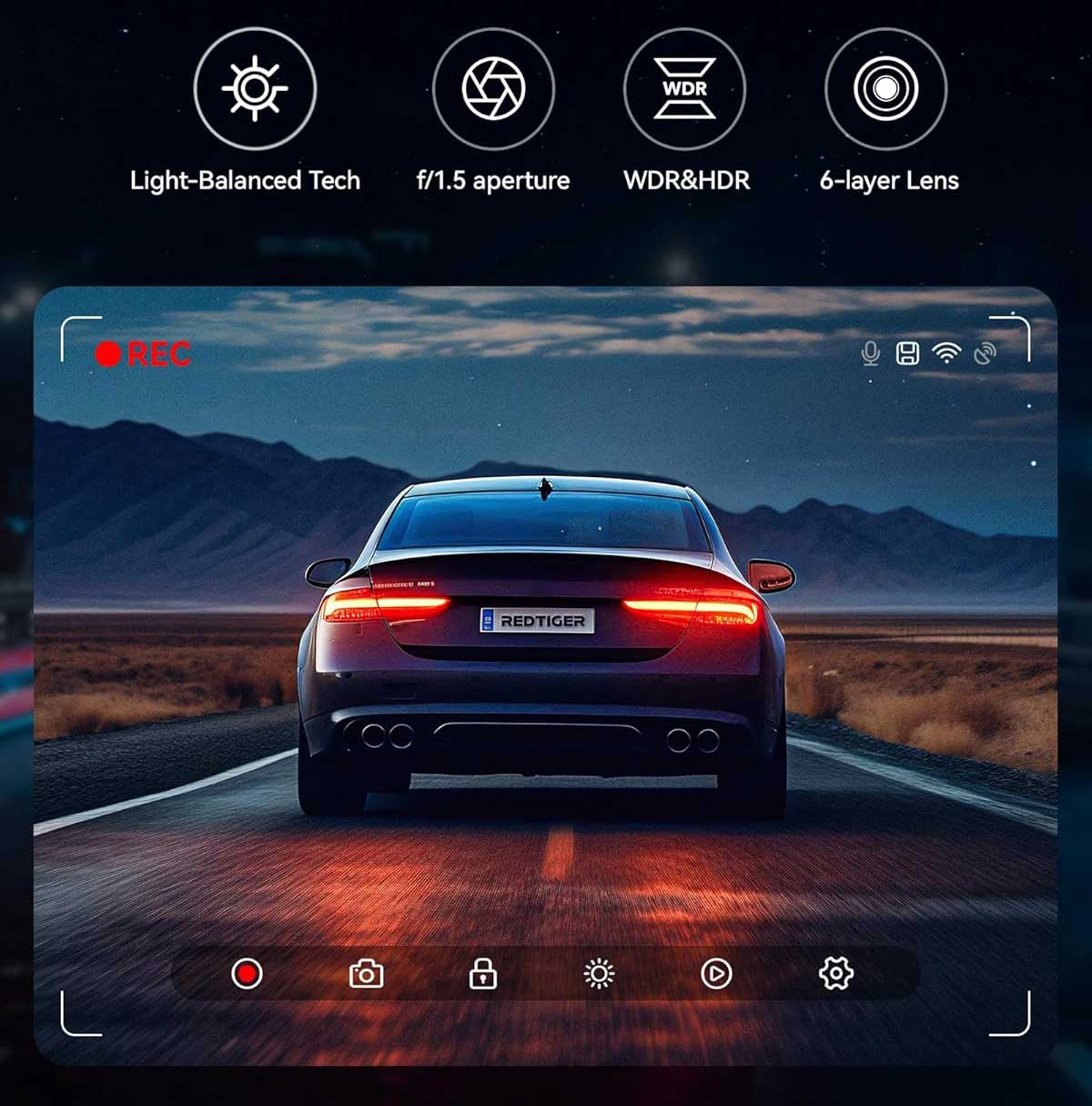 Achterkant van een auto 's nachts op een weg. Technische iconen worden hierboven weergegeven.
