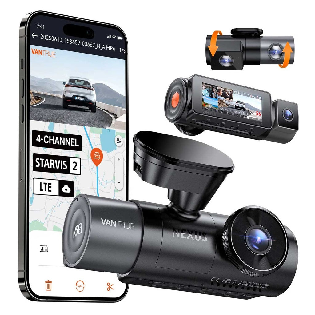 A smartphone shows a dashcam app; three dashcams are nearby.