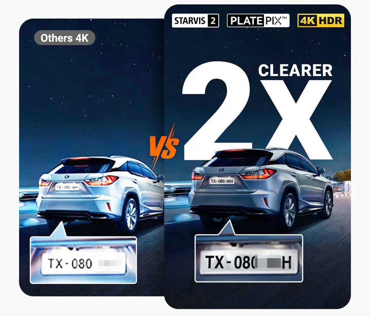 Vergelijking van twee auto's: één met 4K, de ander met 2x helderder weergave.