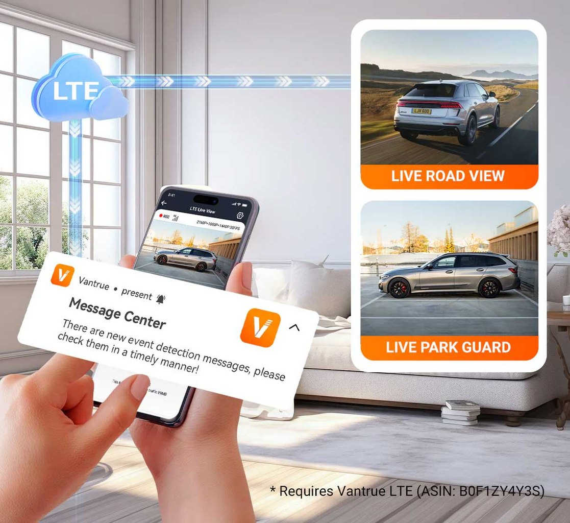 Een smartphone toont een melding, met auto's op een weg en op een parkeerplaats.