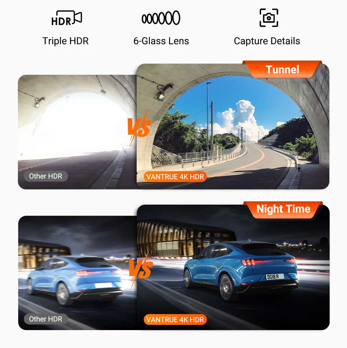 Vergelijking van HDR-kwaliteit: een heldere tunneluitgang versus een duidelijke wegscène, en een wazige auto versus een scherpe auto 's nachts.
