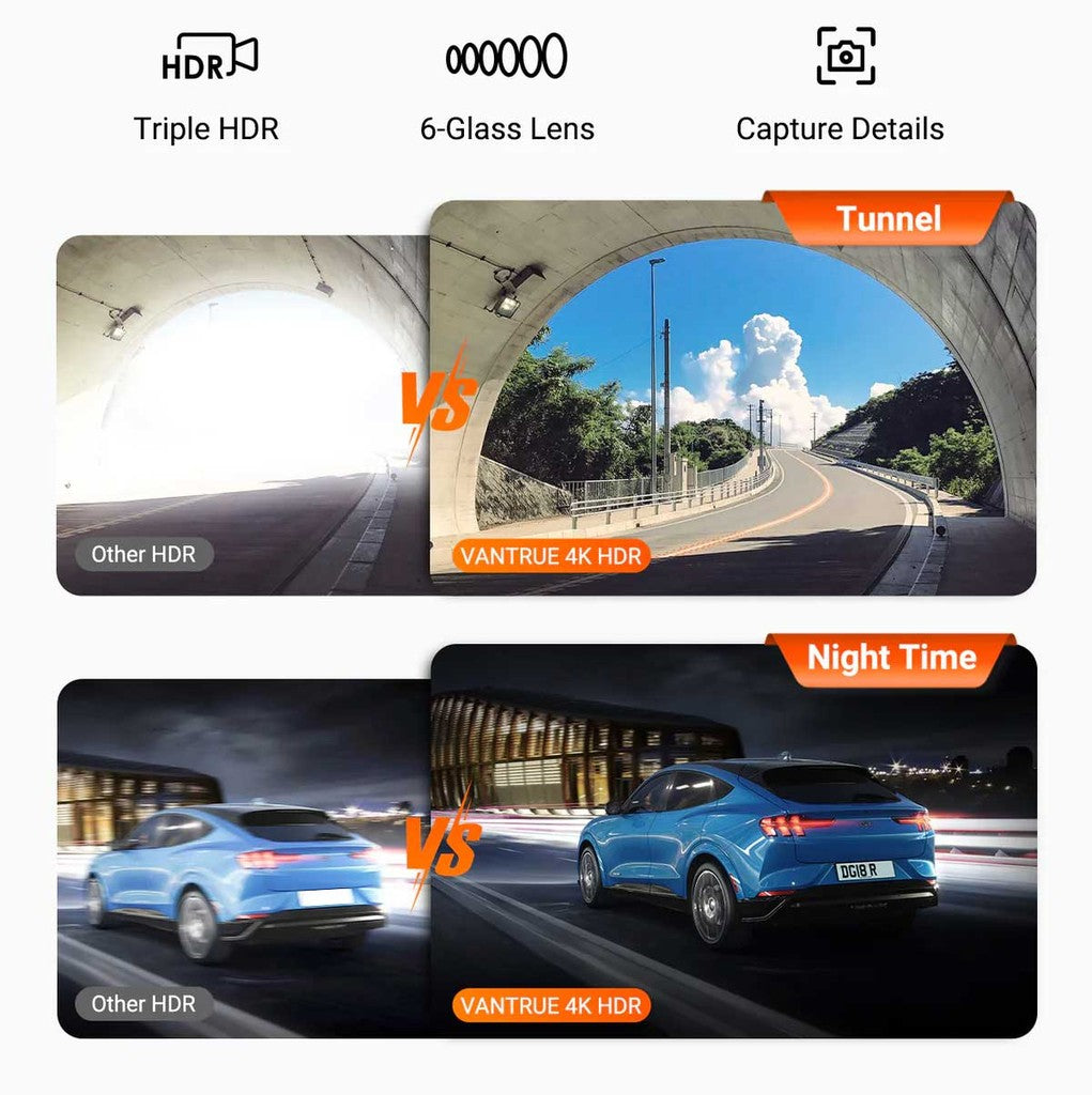 Vergelijking "Other HDR" en "Vantrue 4K HDR" in tunnel en nacht.