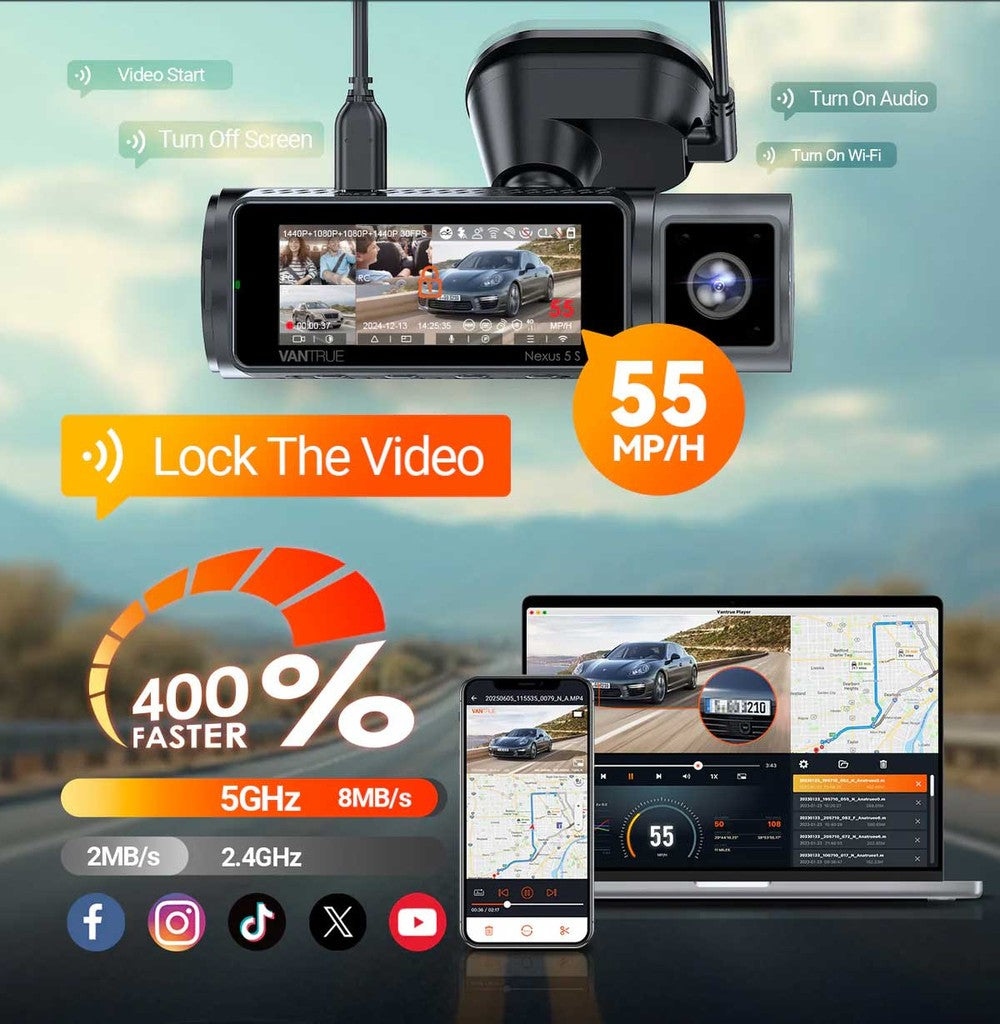 Dashcam with screen shows 55 MPH, laptop and phone app.