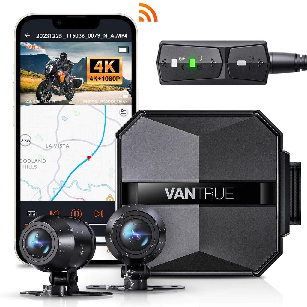 Dashcam set met smartphone display, regelunit en twee camera's.