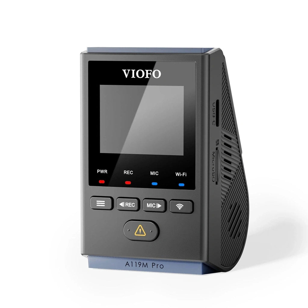 Zwarte VIOFO A119M Pro dashcam met scherm, knoppen en poorten.