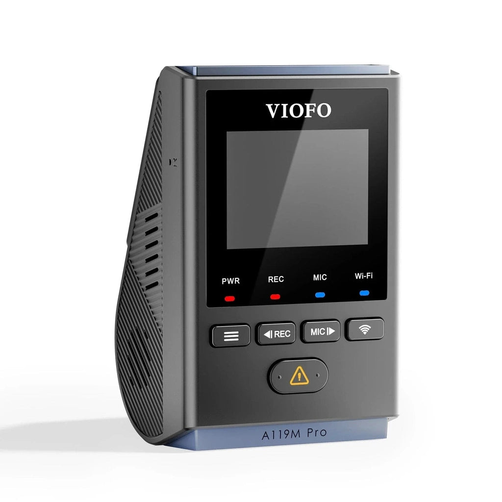 Een grijze VIOFO A119M Pro dashcam met scherm en knoppen.