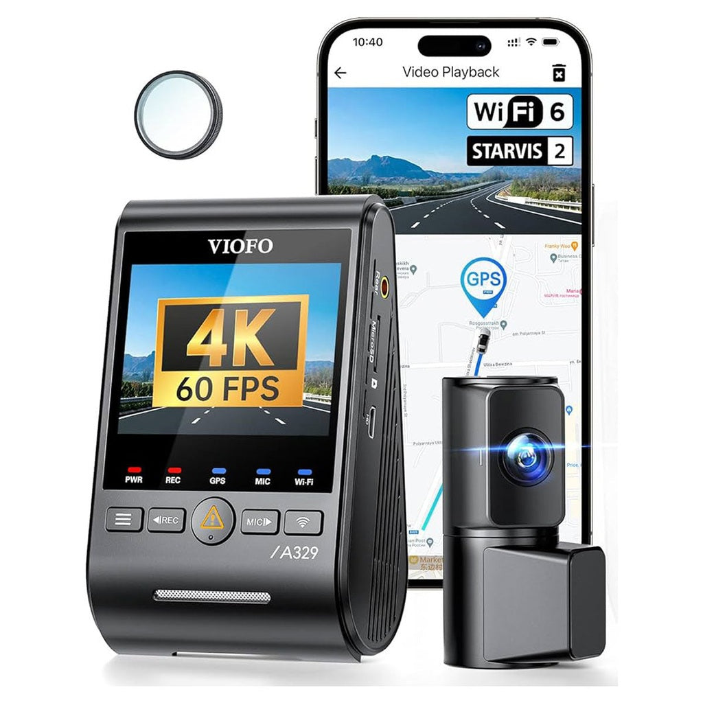 VIOFO dashcam with 4K 60FPS, small camera module, and smartphone app.