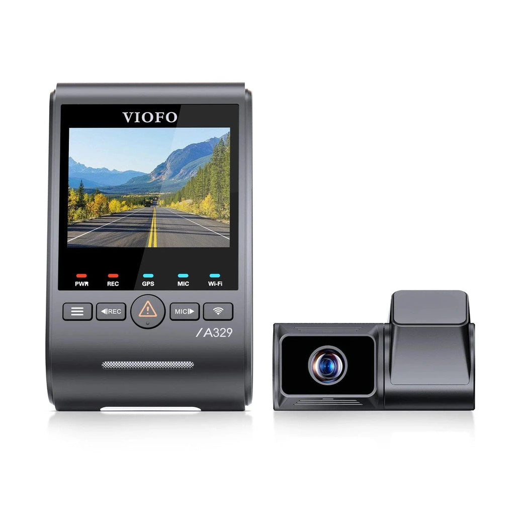 Two VIOFO dash cams on white. One large with screen, one small rear camera unit.
